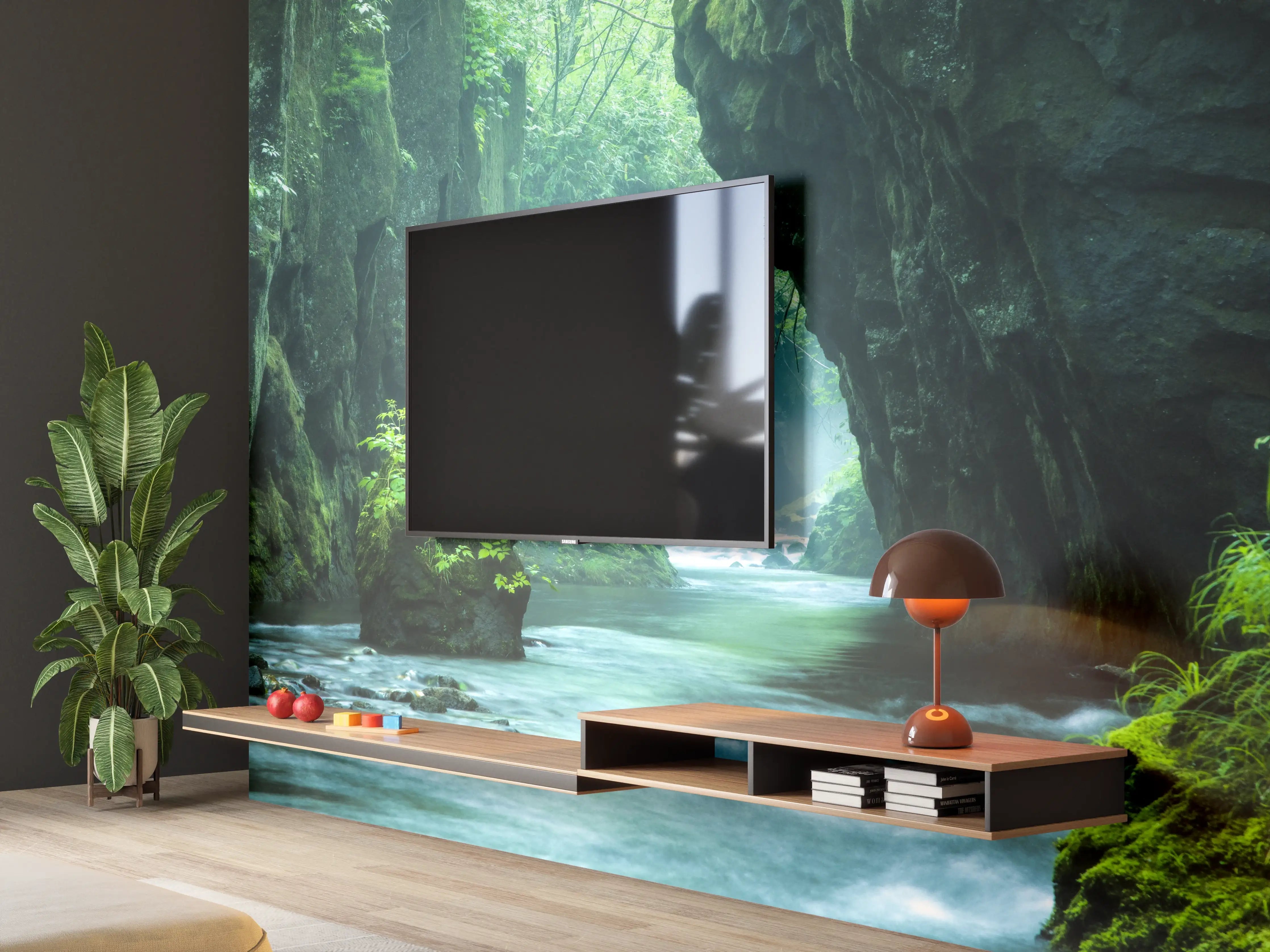 Wandverkleidung Wohnzimmer - Majestätischer Naturpark mit Fluss und Felsen