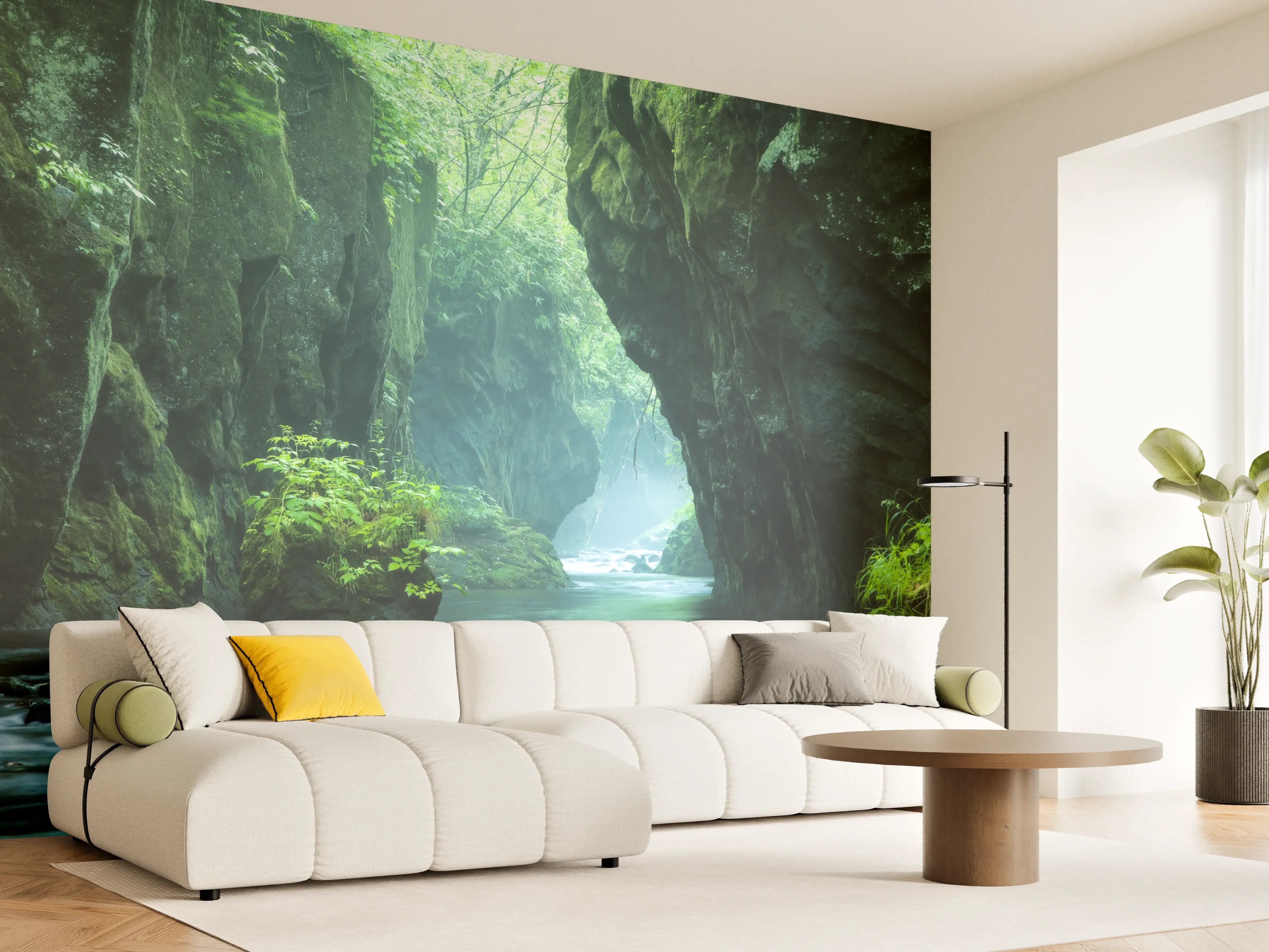 Wandverkleidung Wohnzimmer - Majestätischer Naturpark mit Fluss und Felsen