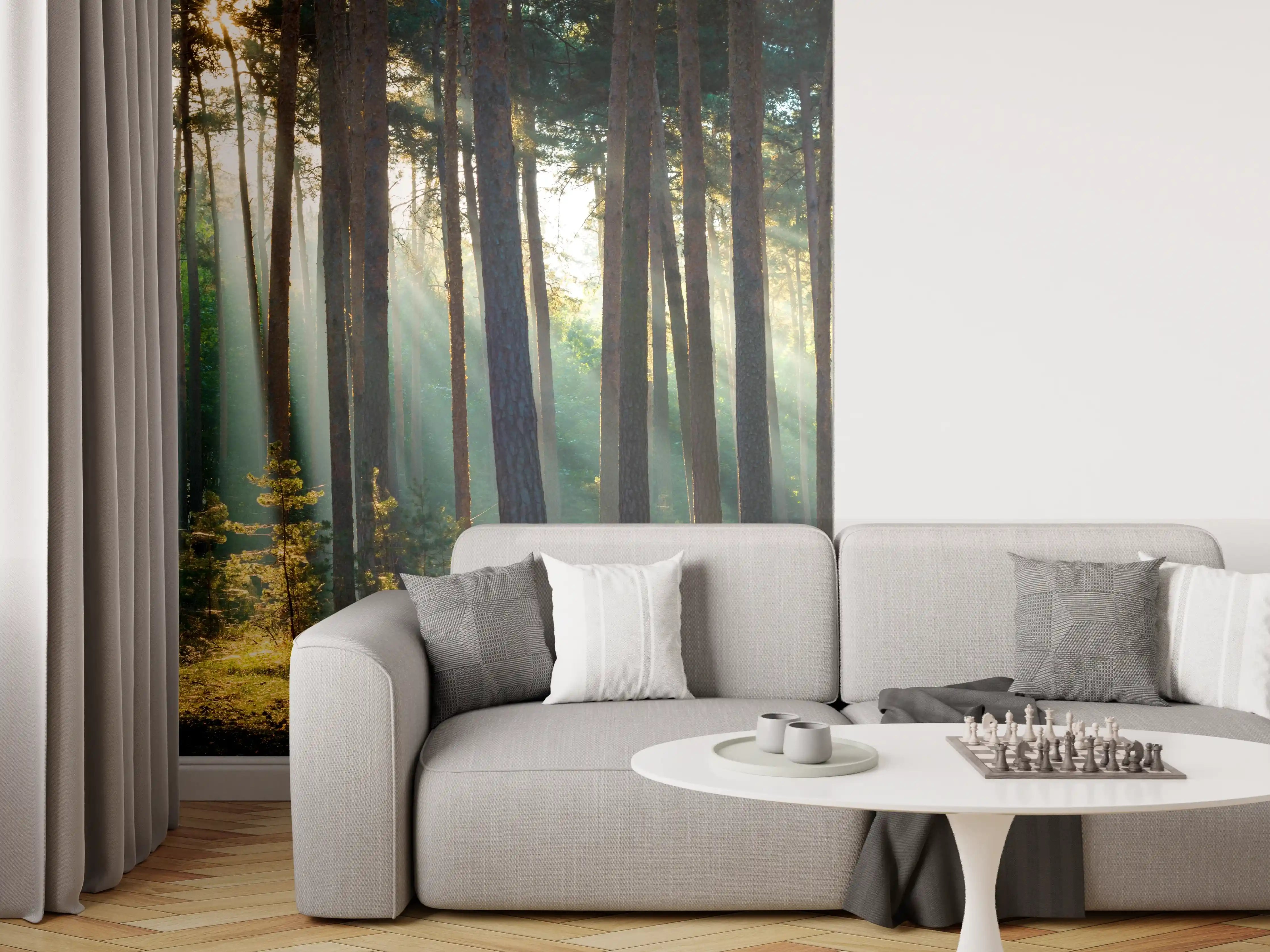 Wandverkleidung Wohnzimmer - Majestätischer Sonnenlichteffekt im Wald