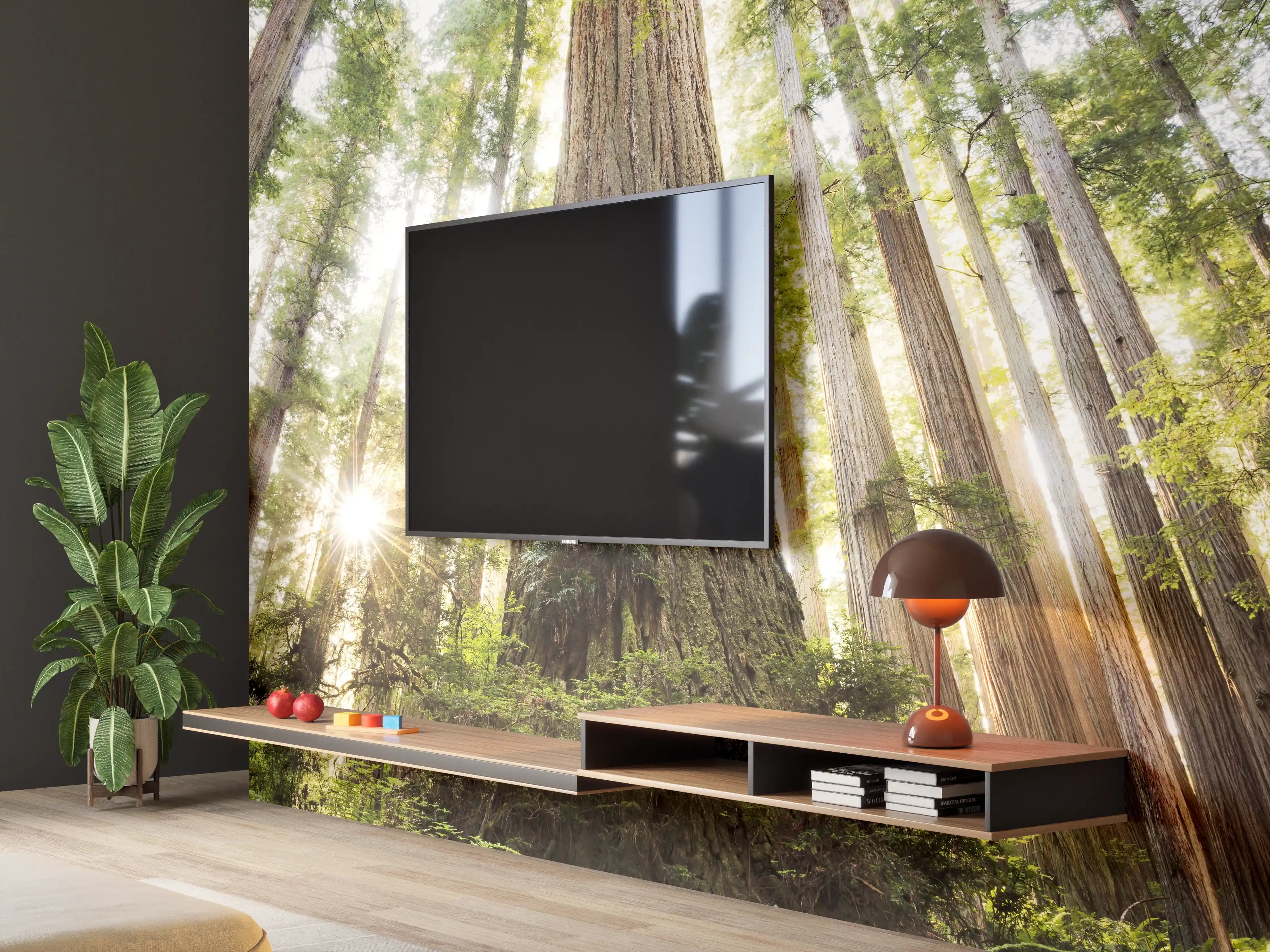 Wandverkleidung Wohnzimmer - Majestätischer Waldbaum im Sonnenlicht