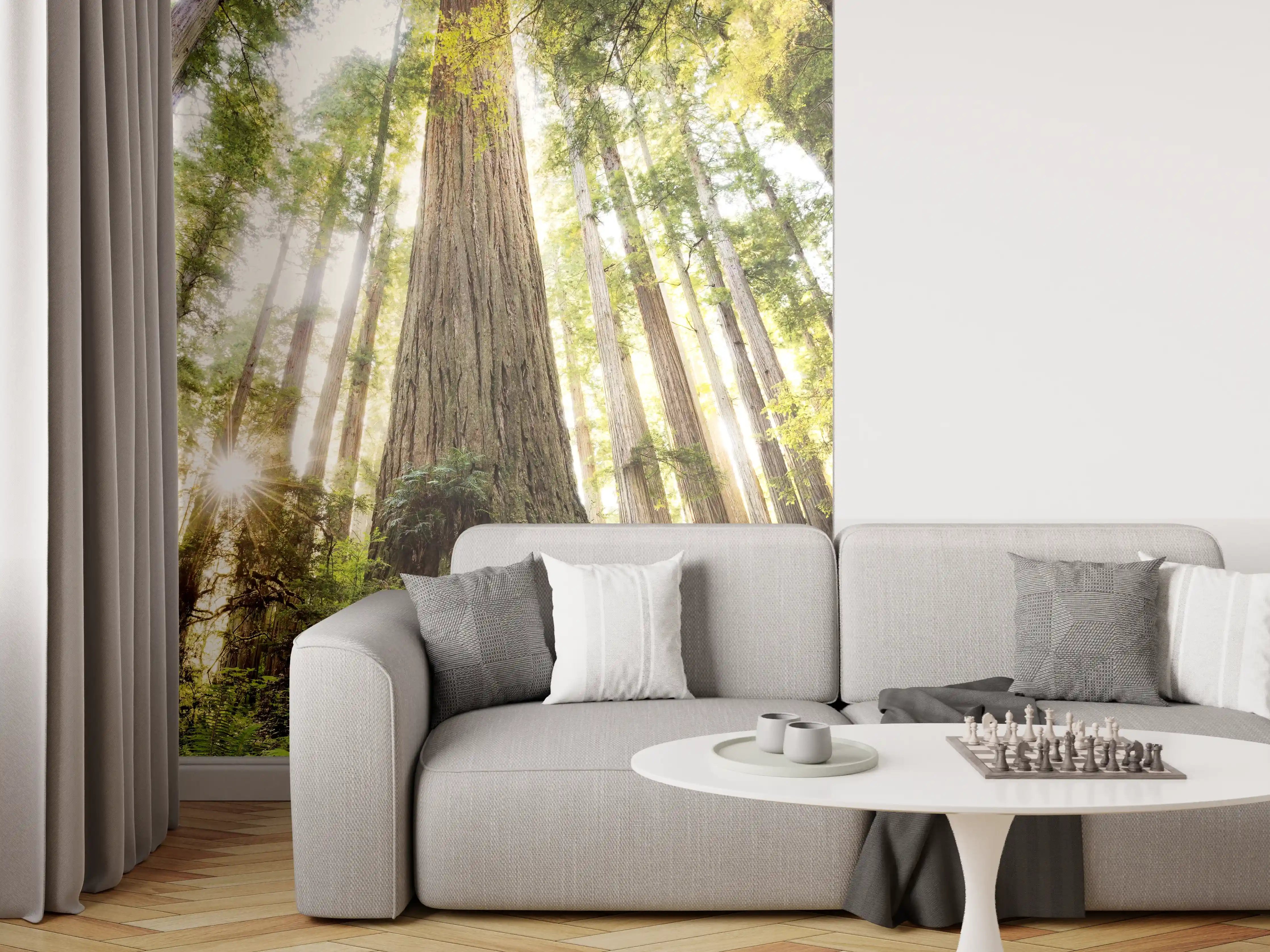 Wandverkleidung Wohnzimmer - Majestätischer Waldbaum im Sonnenlicht