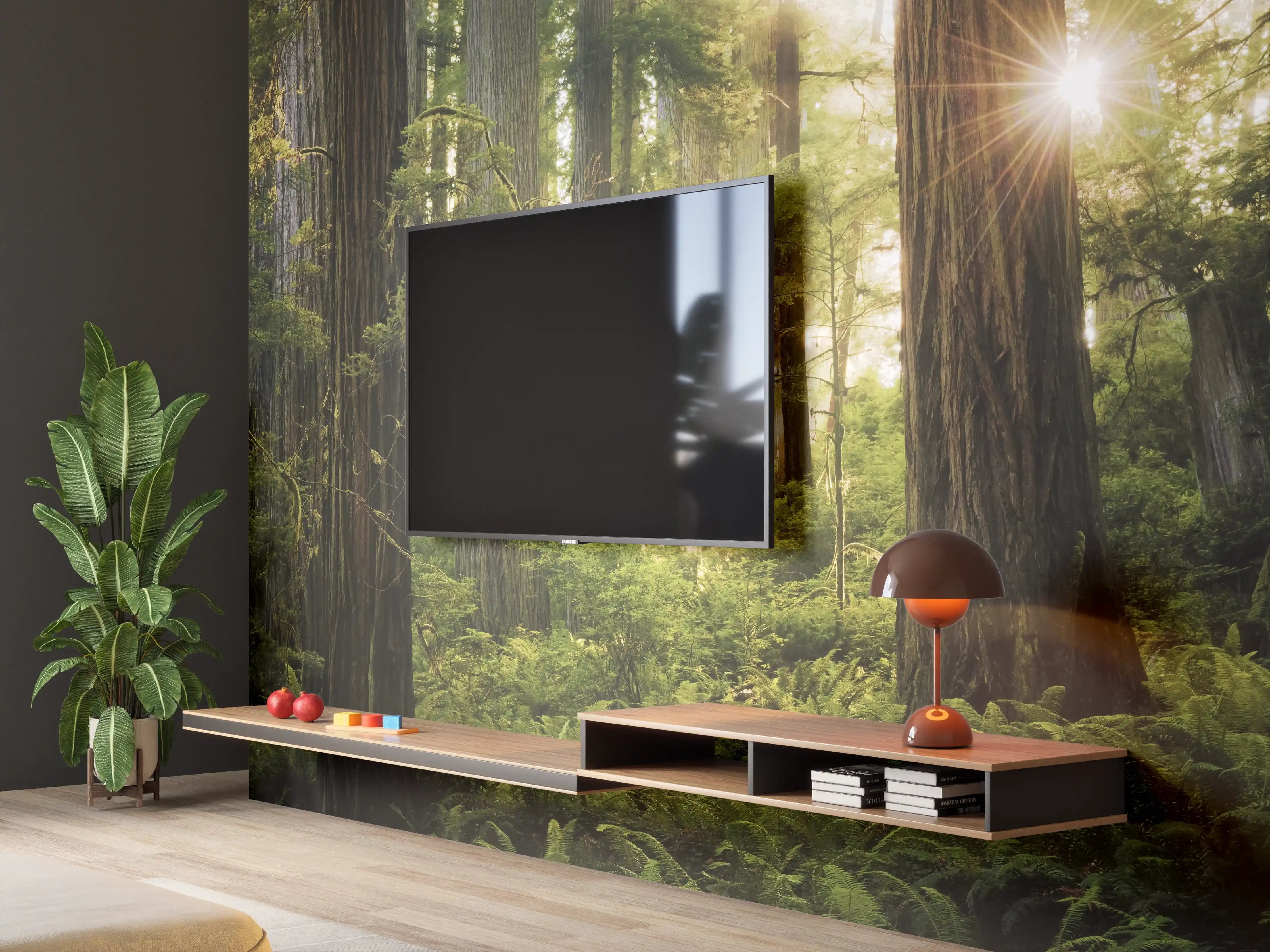 Wandverkleidung Wohnzimmer - Majestätischer Waldboden bei Sonnenlicht