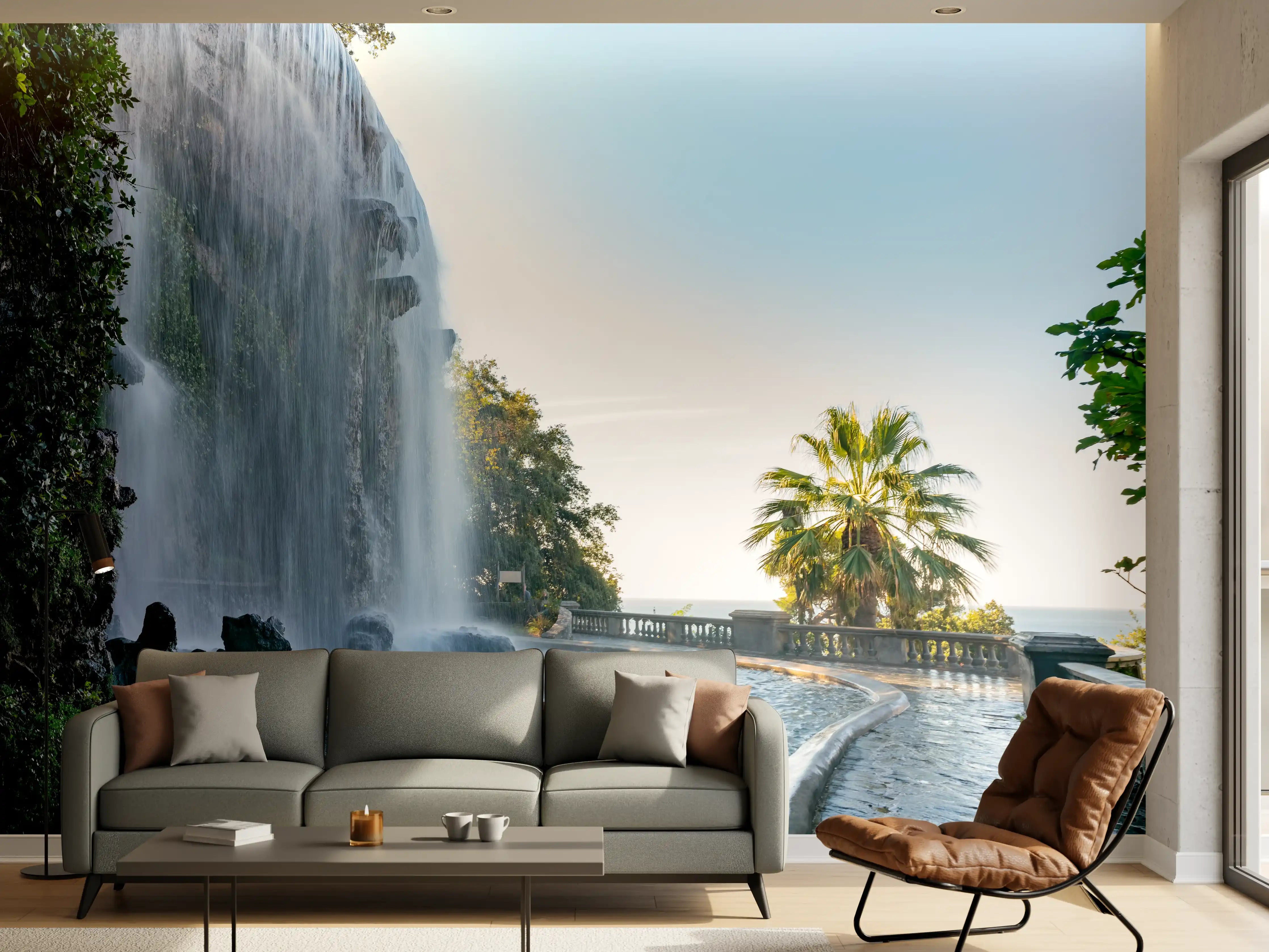 Wandverkleidung Wohnzimmer - Majestätischer Wasserfall an einer Promenade