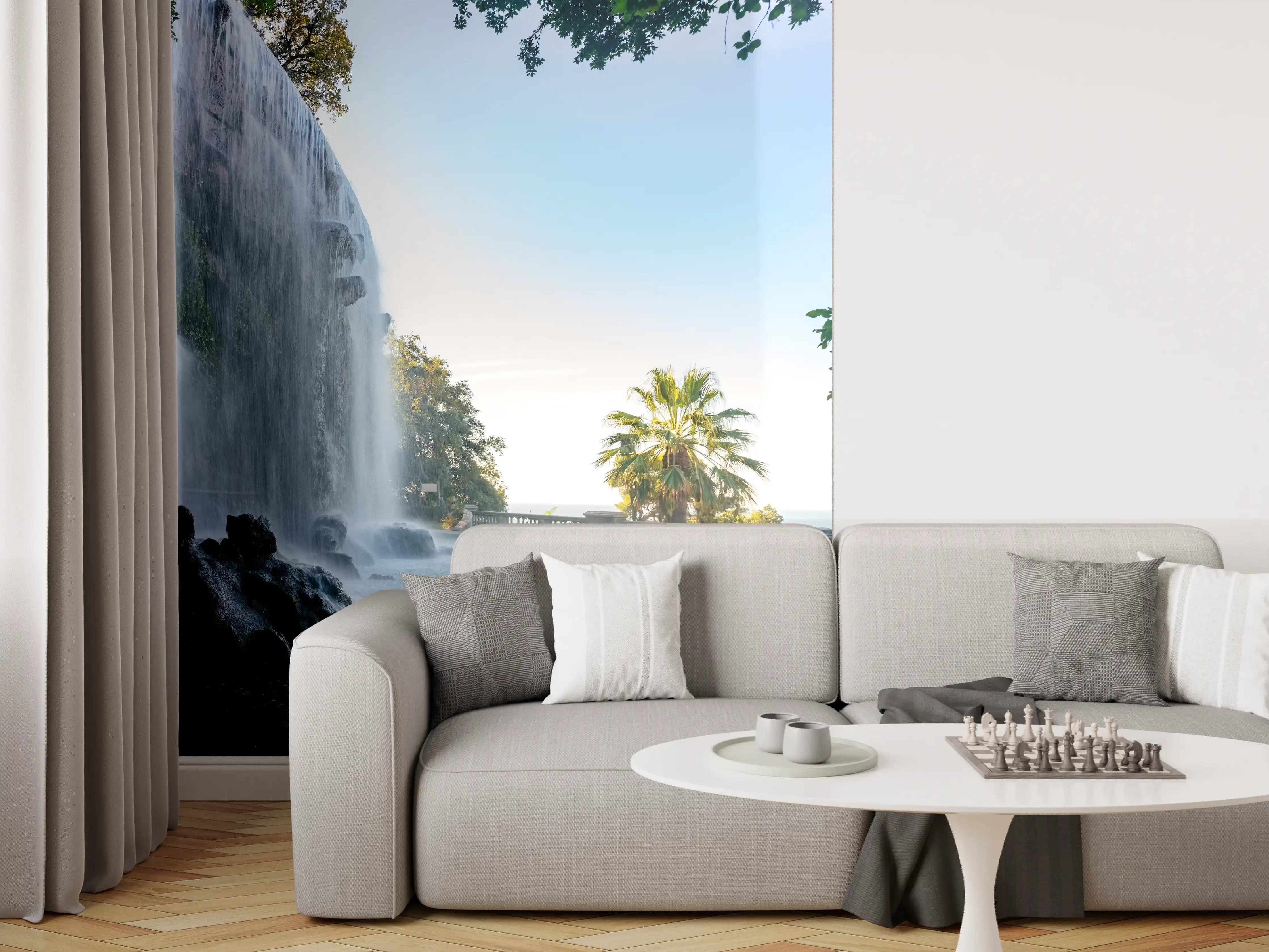 Wandverkleidung Wohnzimmer - Majestätischer Wasserfall an einer Promenade