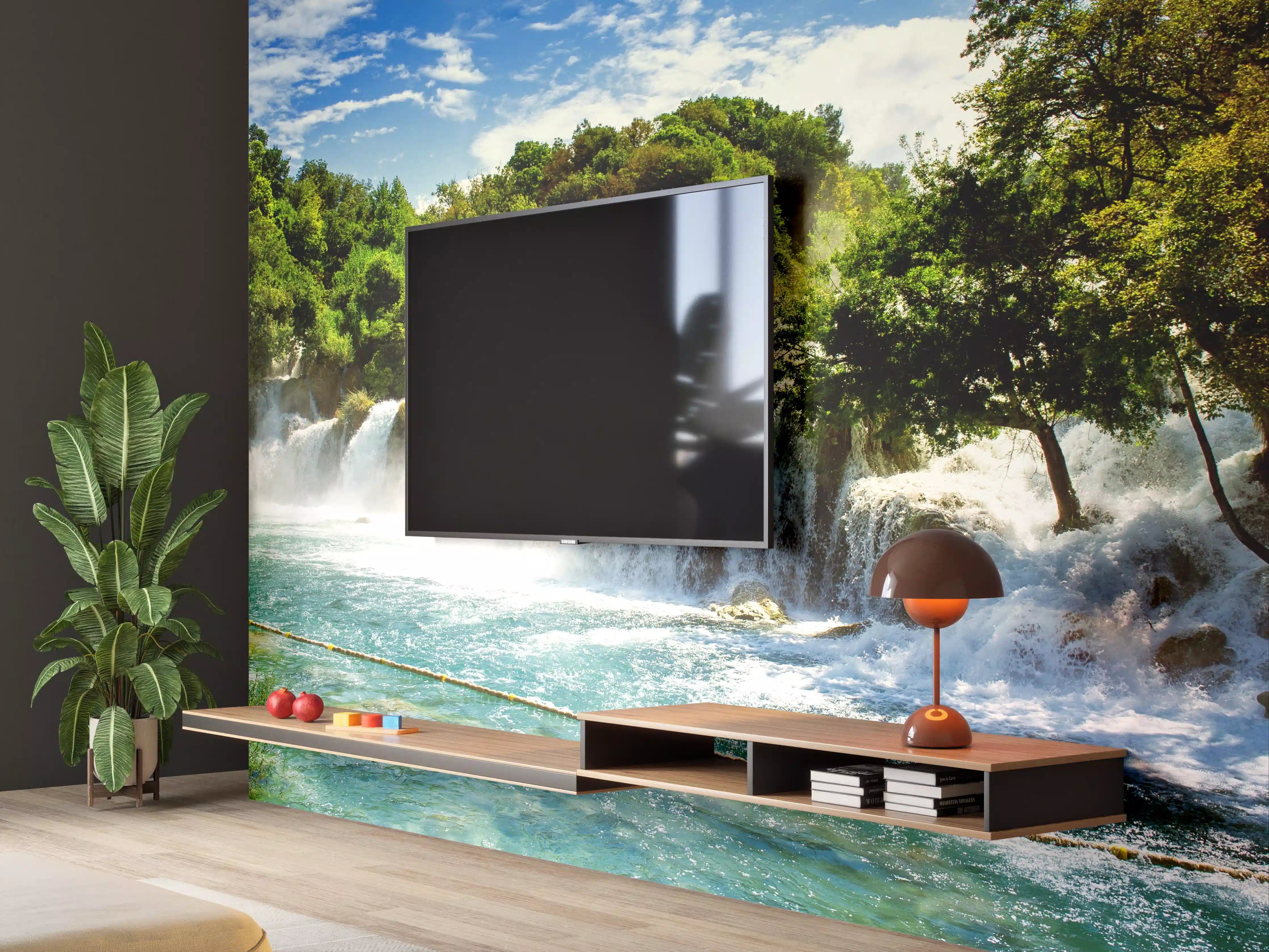 Wandverkleidung Wohnzimmer - Majestätischer Wasserfall in Grau- und Weißtönen