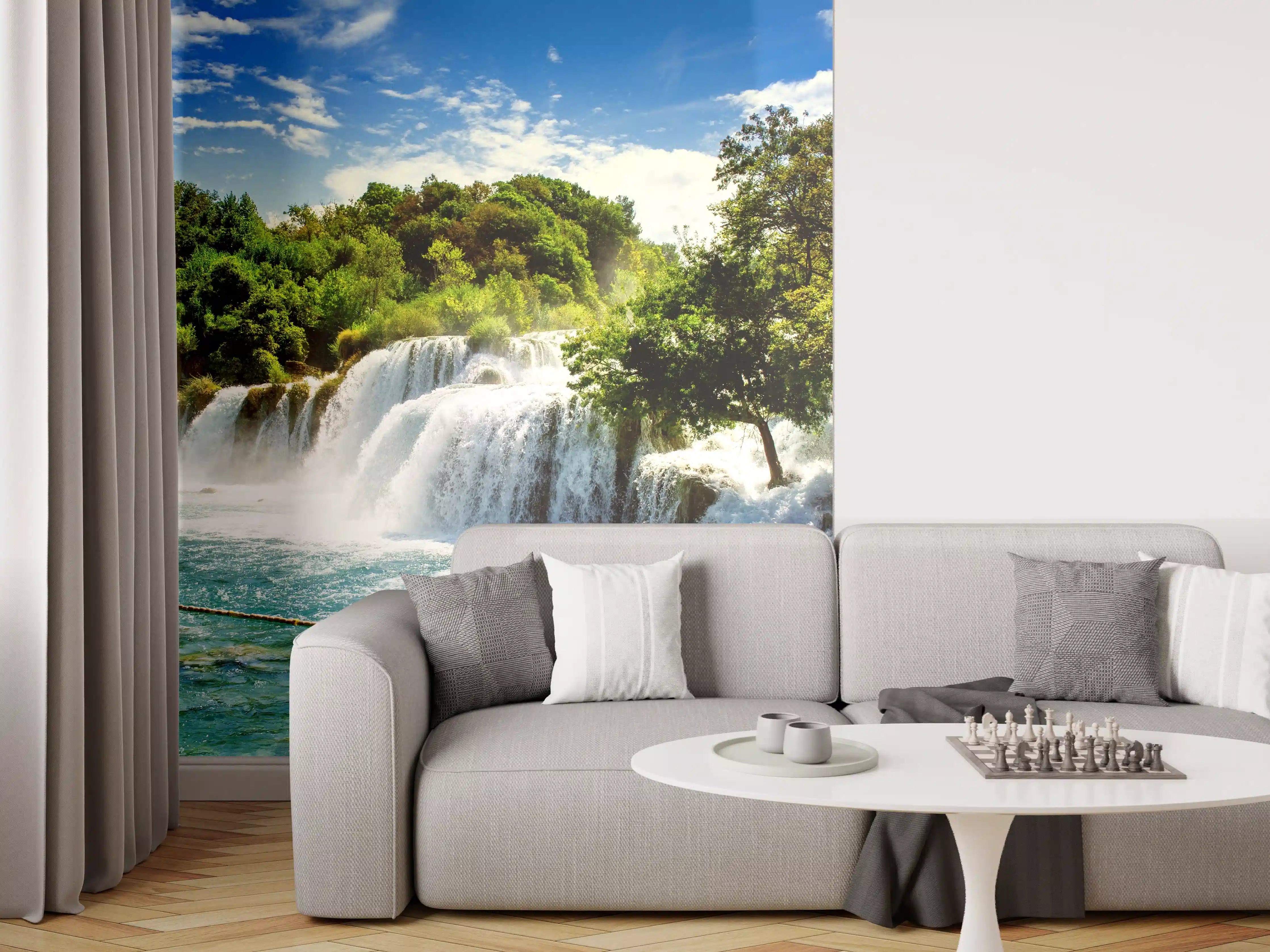 Wandverkleidung Wohnzimmer - Majestätischer Wasserfall in Grau- und Weißtönen