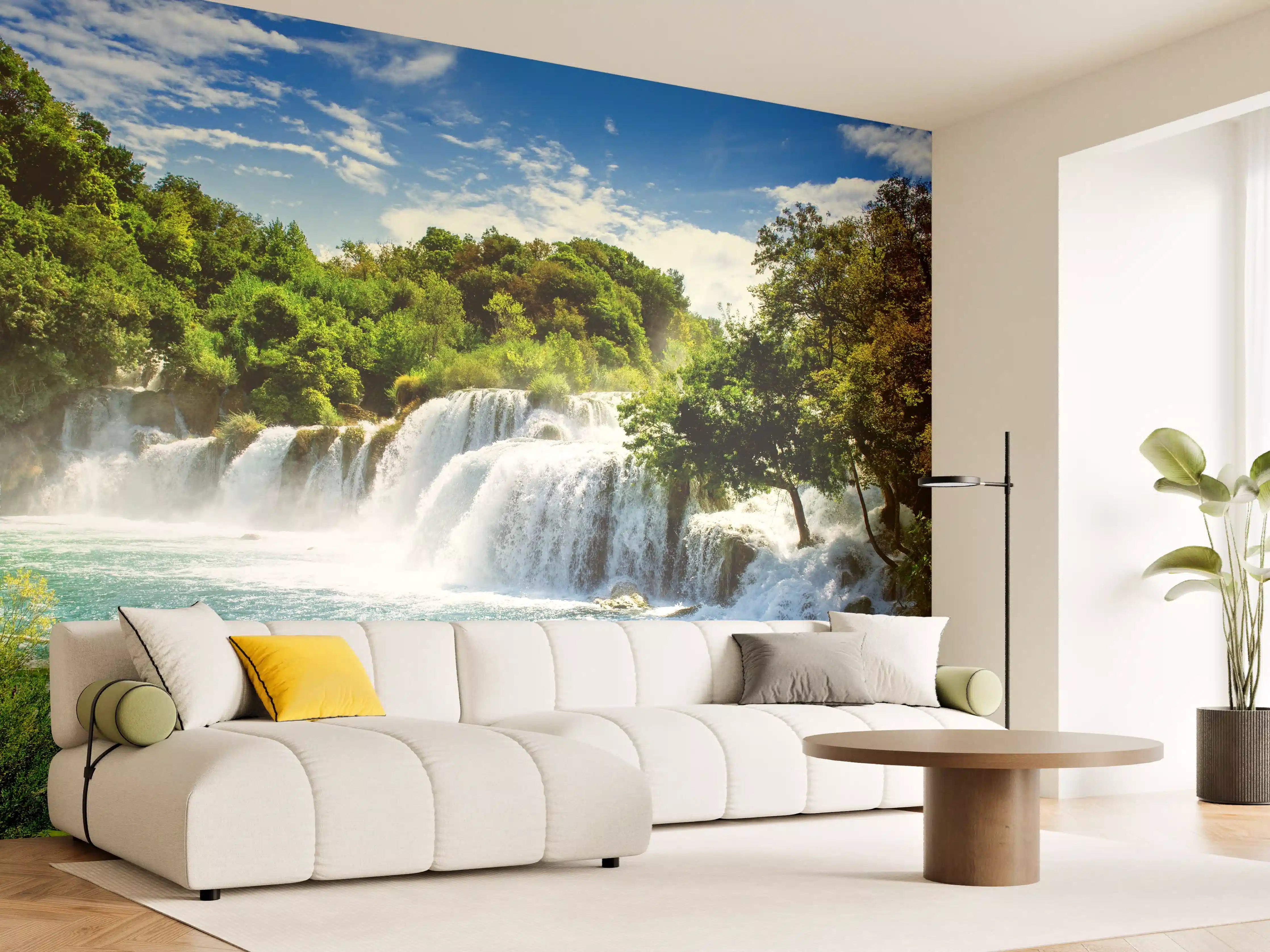 Wandverkleidung Wohnzimmer - Majestätischer Wasserfall in Grau- und Weißtönen