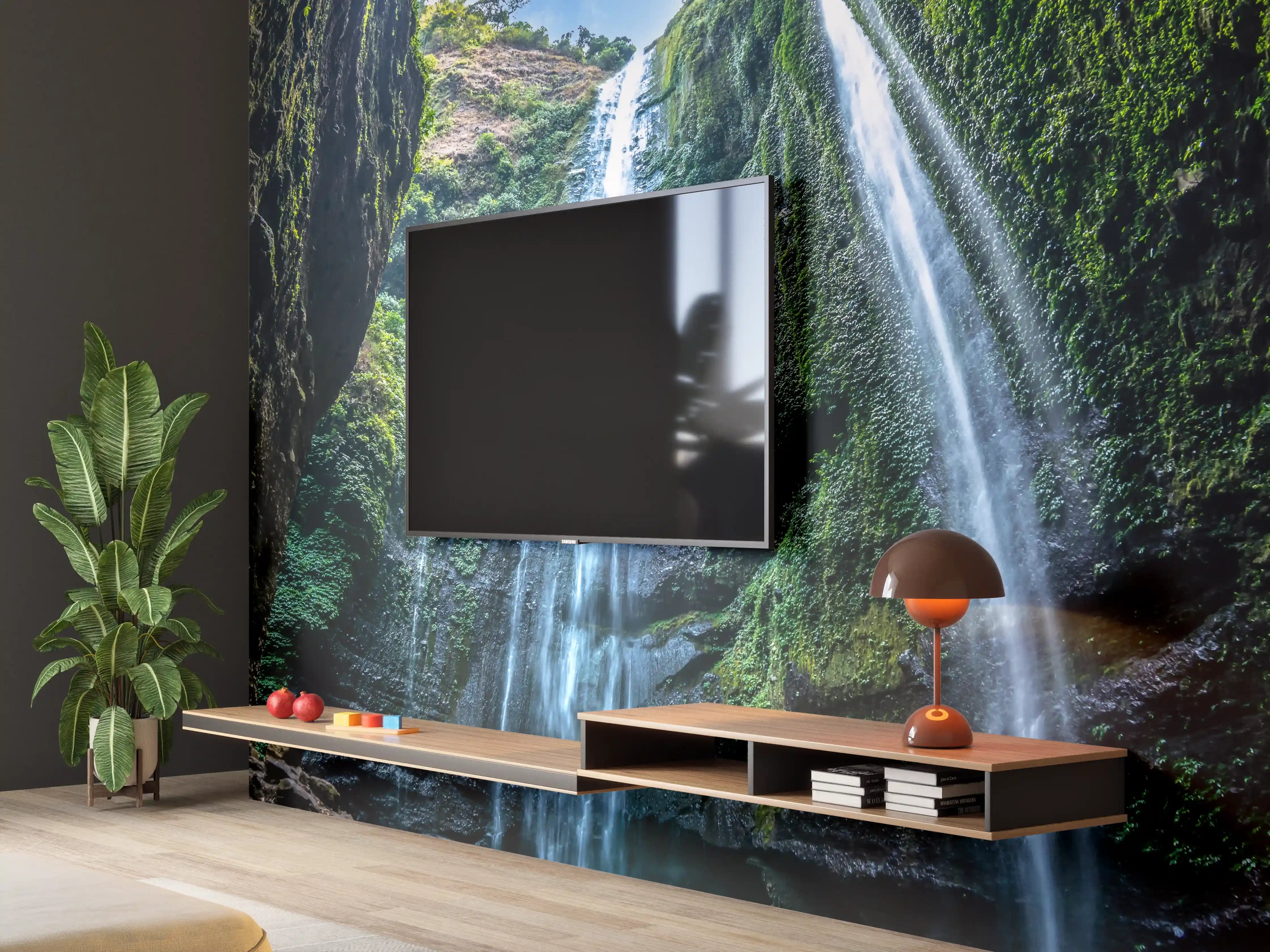 Wandverkleidung Wohnzimmer - Majestätischer Wasserfall in einer Höhle