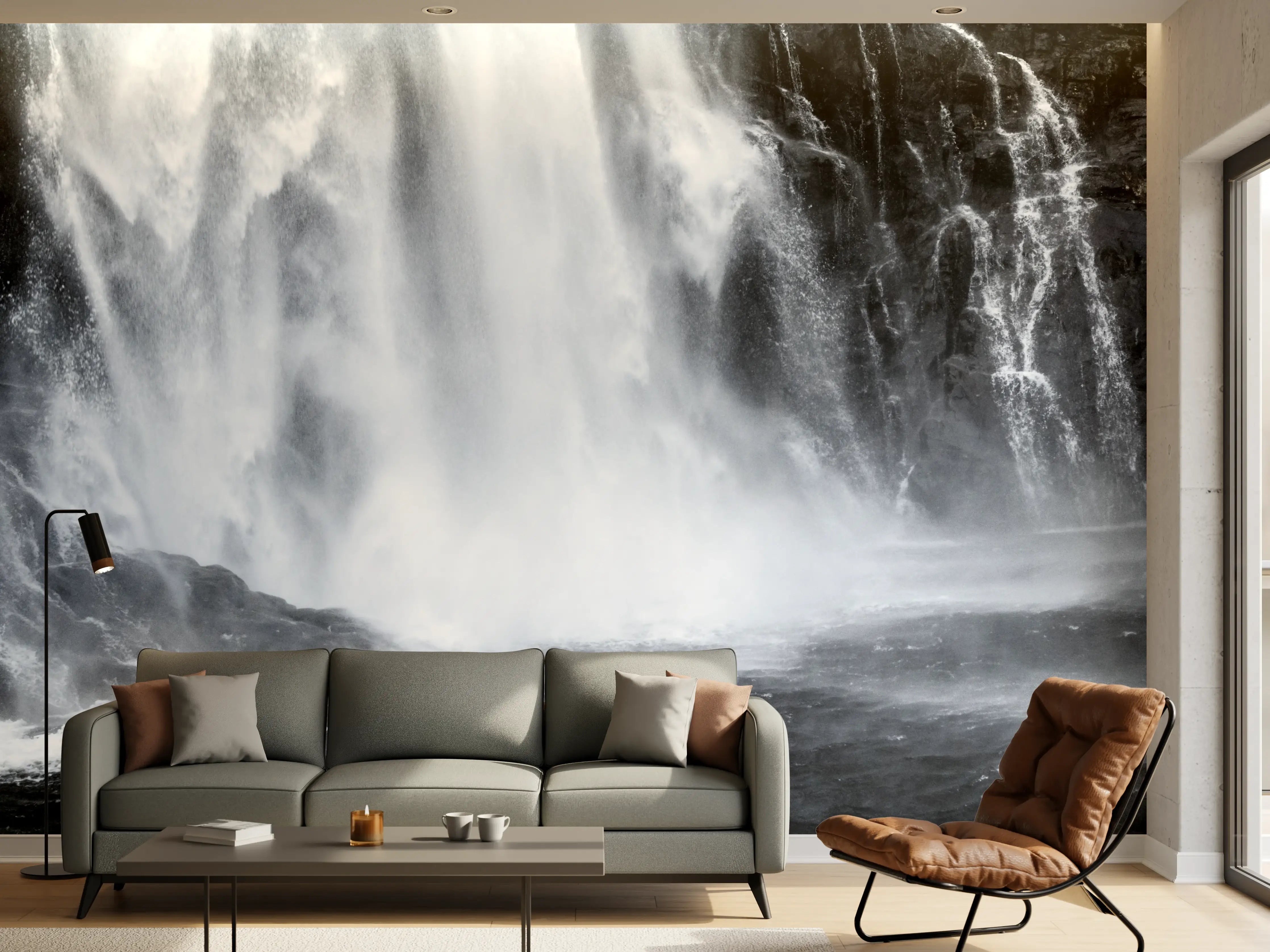 Wandverkleidung Wohnzimmer - Majestätischer Wasserfall in natürlicher Schönheit