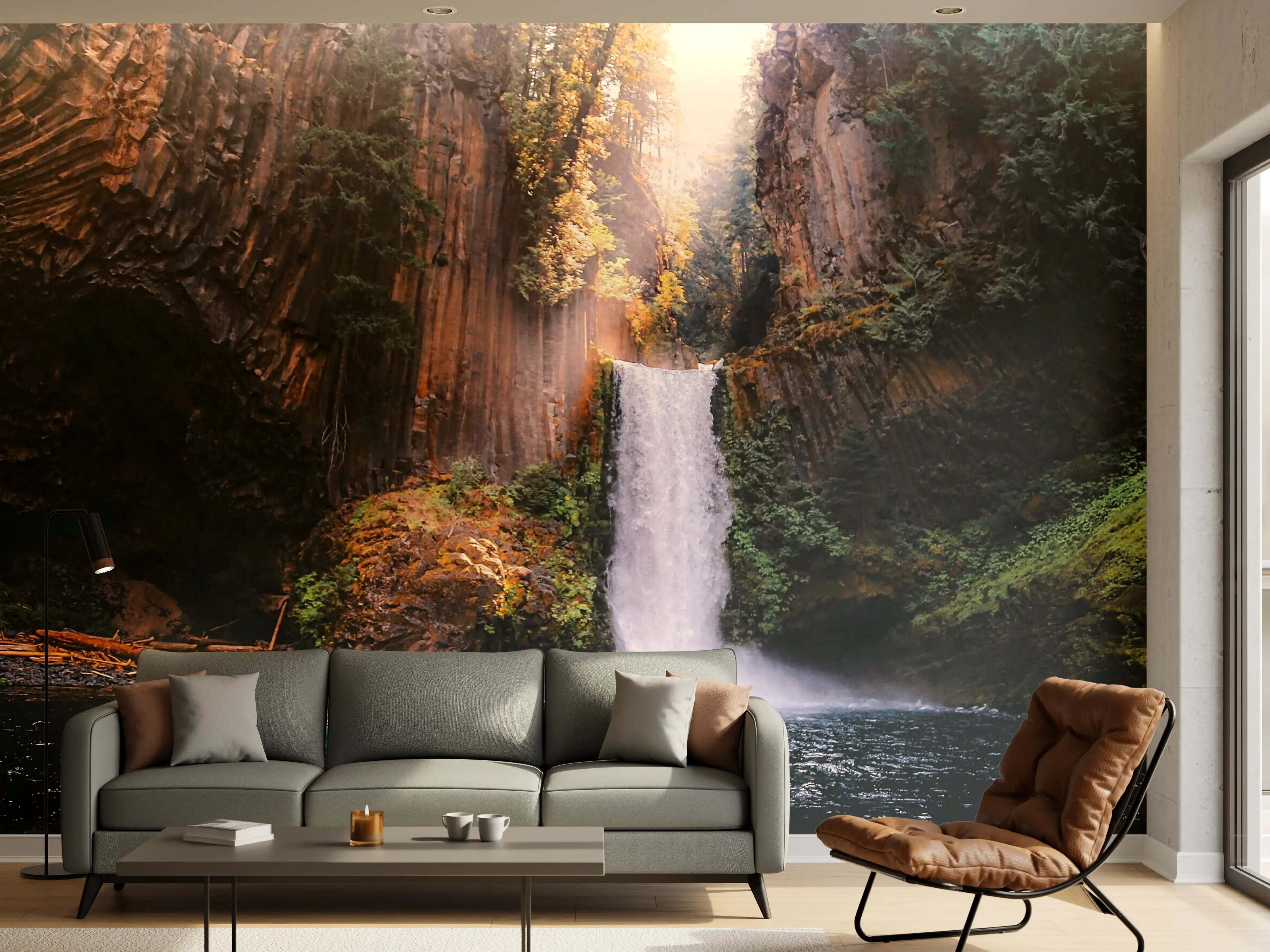 Wandverkleidung Wohnzimmer - Majestätischer Wasserfall in natürlicher Umgebung