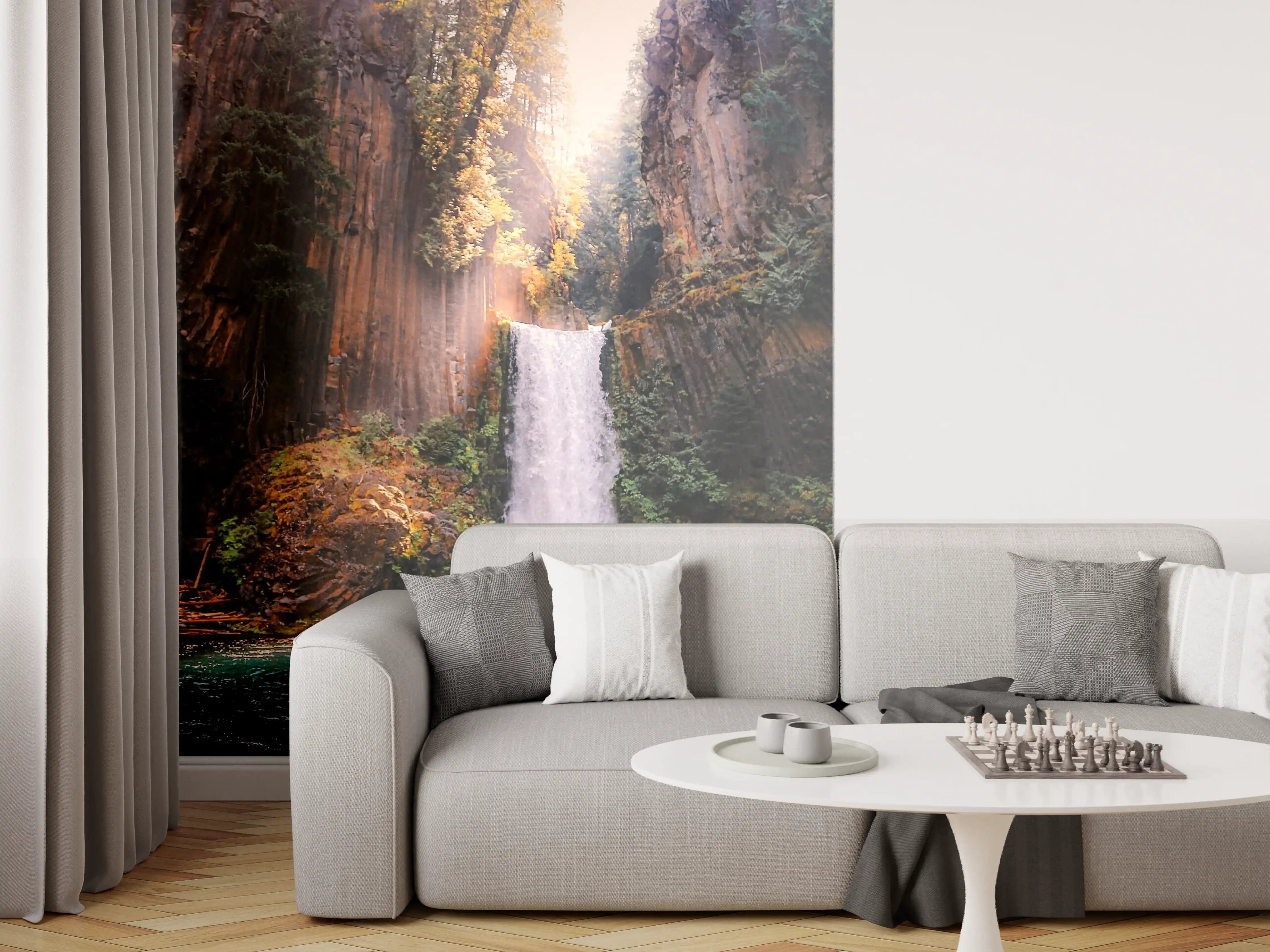 Wandverkleidung Wohnzimmer - Majestätischer Wasserfall in natürlicher Umgebung