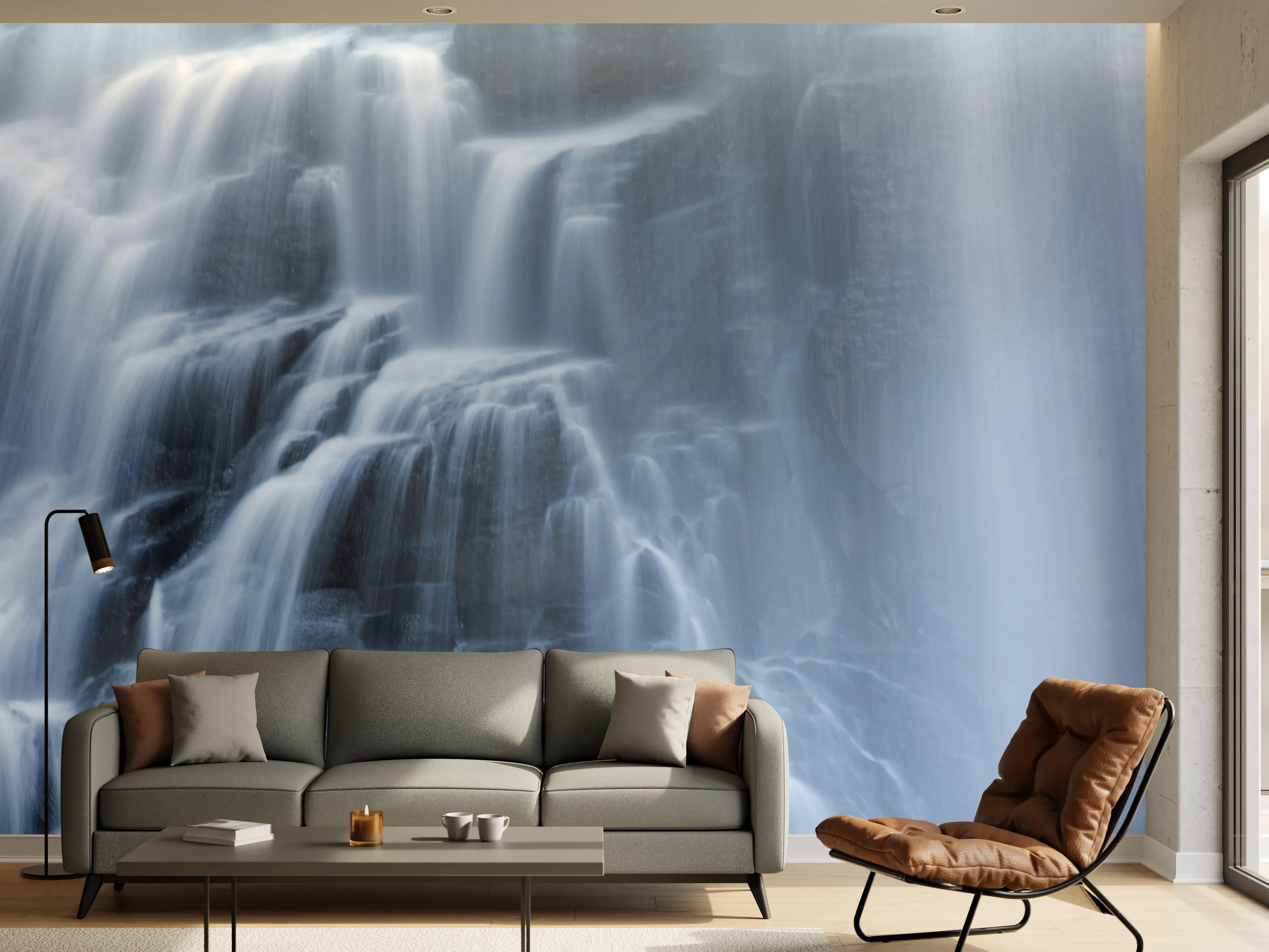 Wandverkleidung Wohnzimmer - Majestätischer Wasserfall in sanftem Wasserlicht