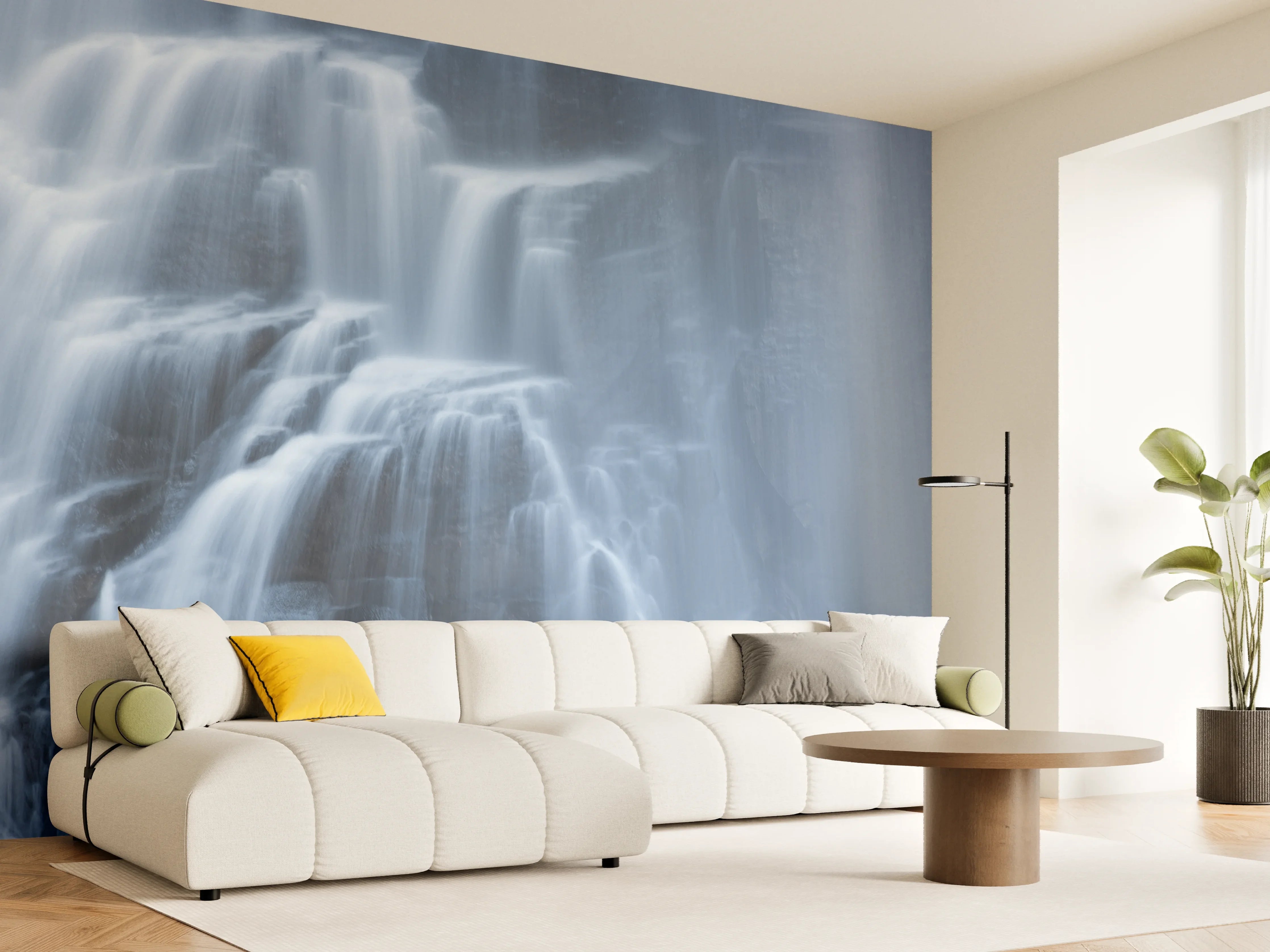 Wandverkleidung Wohnzimmer - Majestätischer Wasserfall in sanftem Wasserlicht