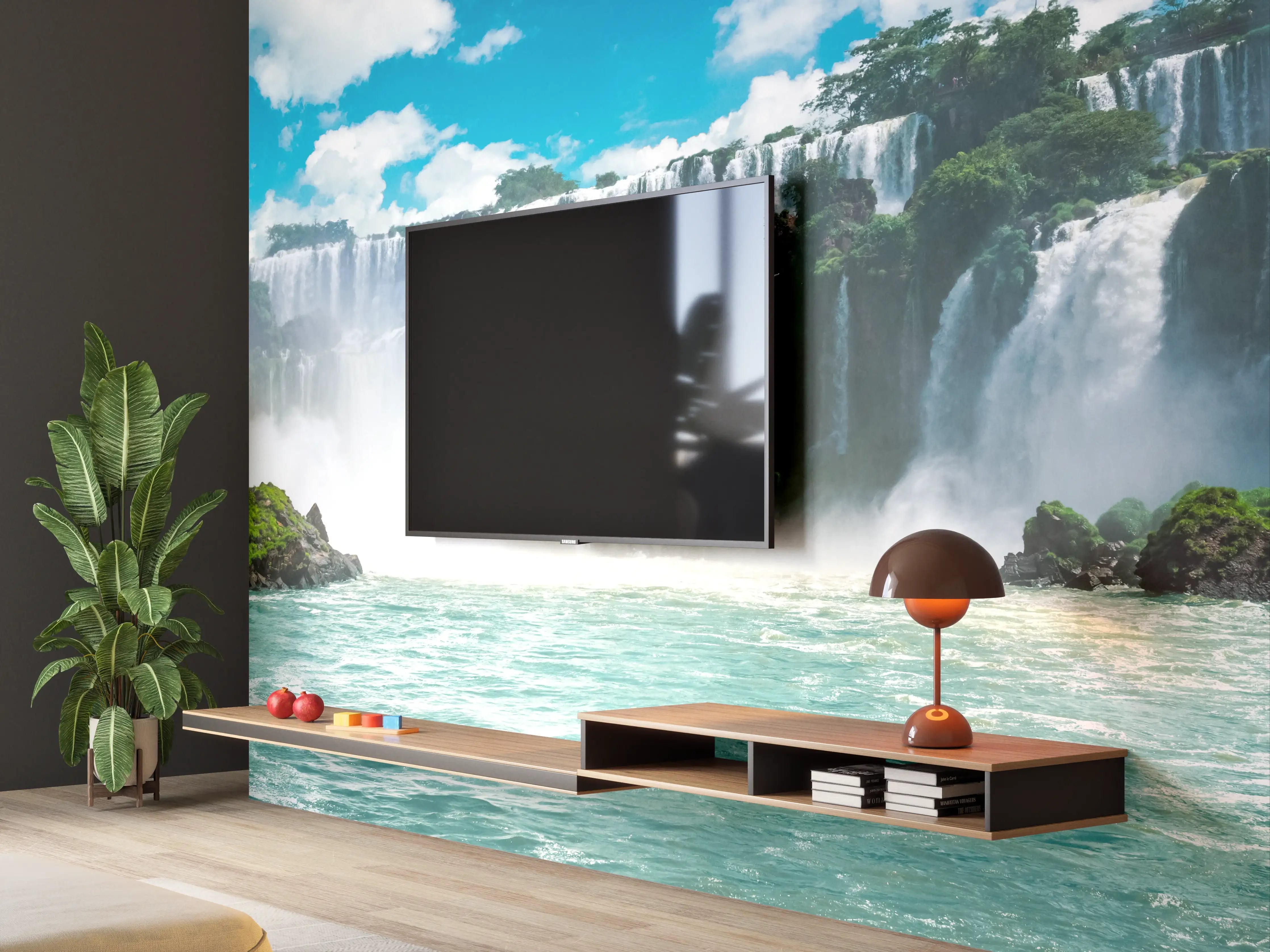 Wandverkleidung Wohnzimmer - Majestätischer Wasserfall inmitten grüner Natur