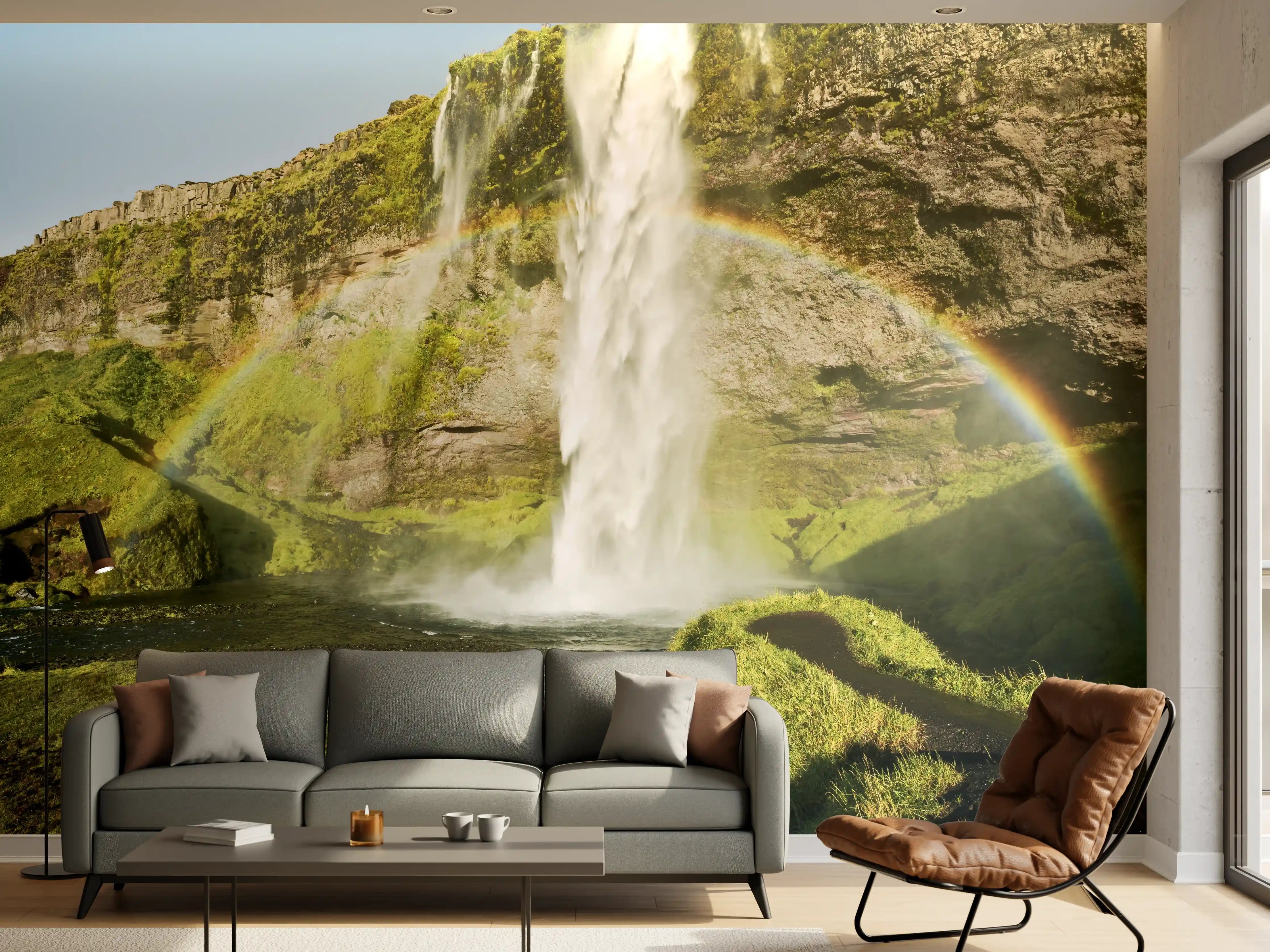 Wandverkleidung Wohnzimmer - Majestätischer Wasserfall mit Regenbogen in Island