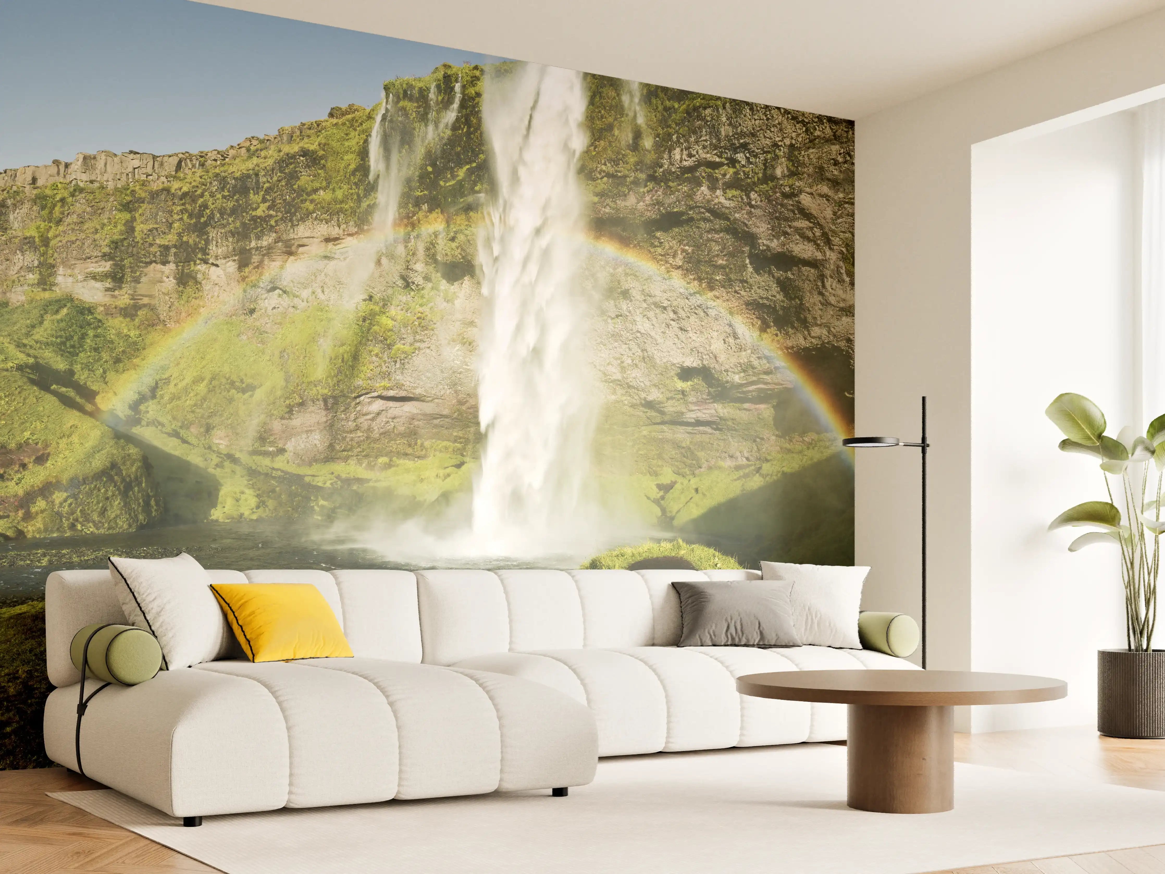 Wandverkleidung Wohnzimmer - Majestätischer Wasserfall mit Regenbogen in Island