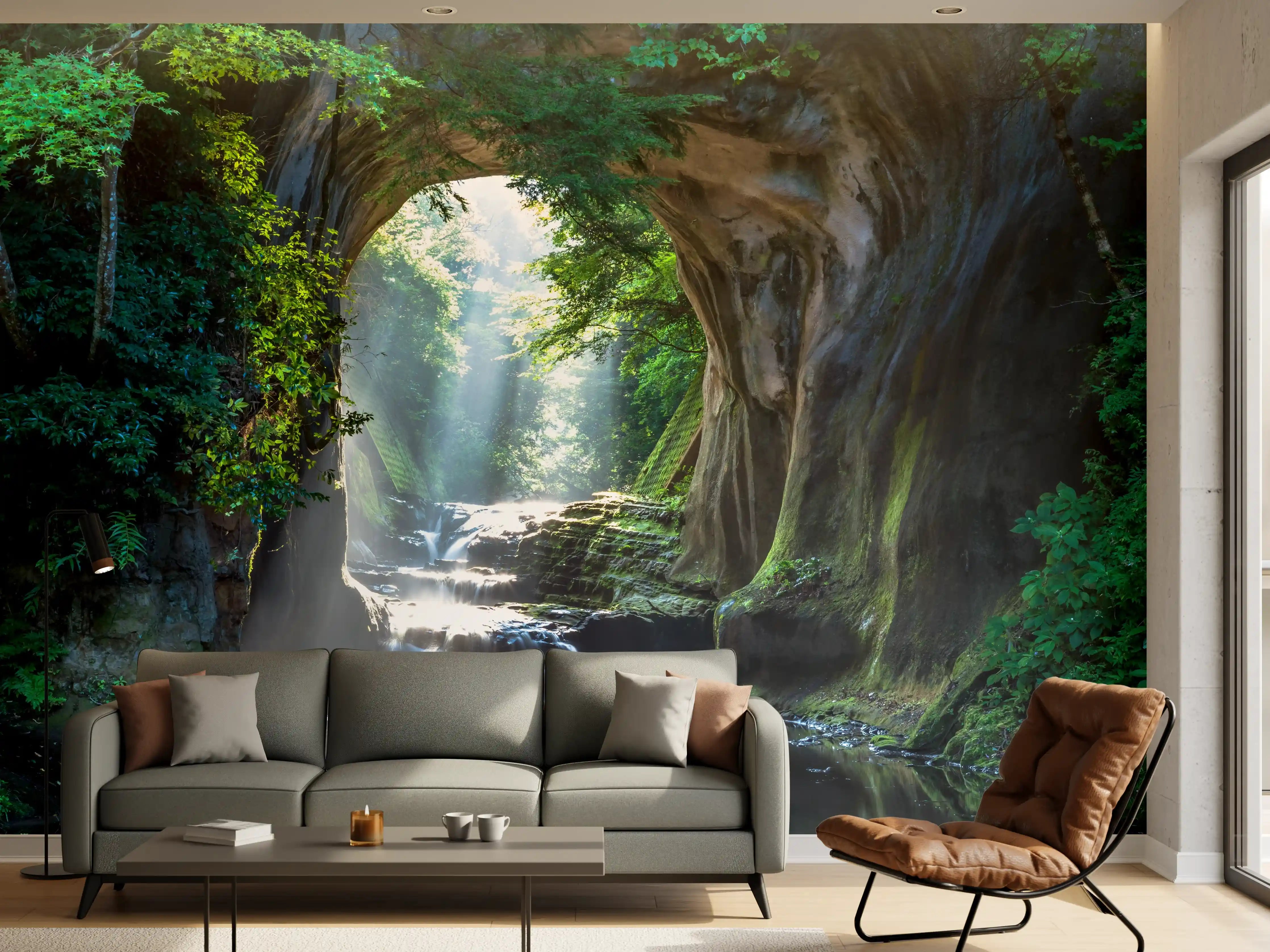 Wandverkleidung Wohnzimmer - Majestätischer Wasserhalls inmitten grüner Natur