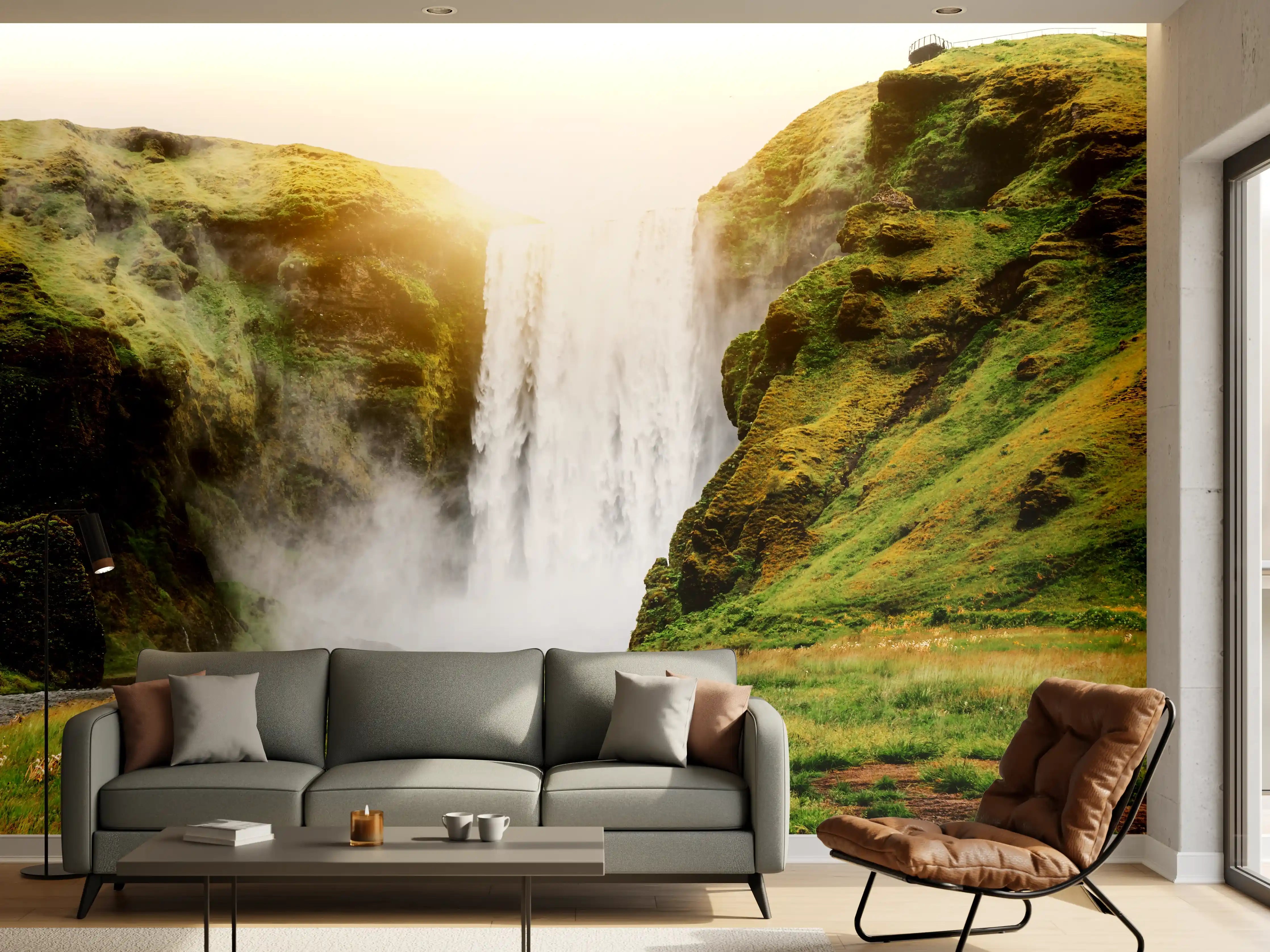 Wandverkleidung Wohnzimmer - Majestatischer Wasserfall in Island bei Sonnenaufgang