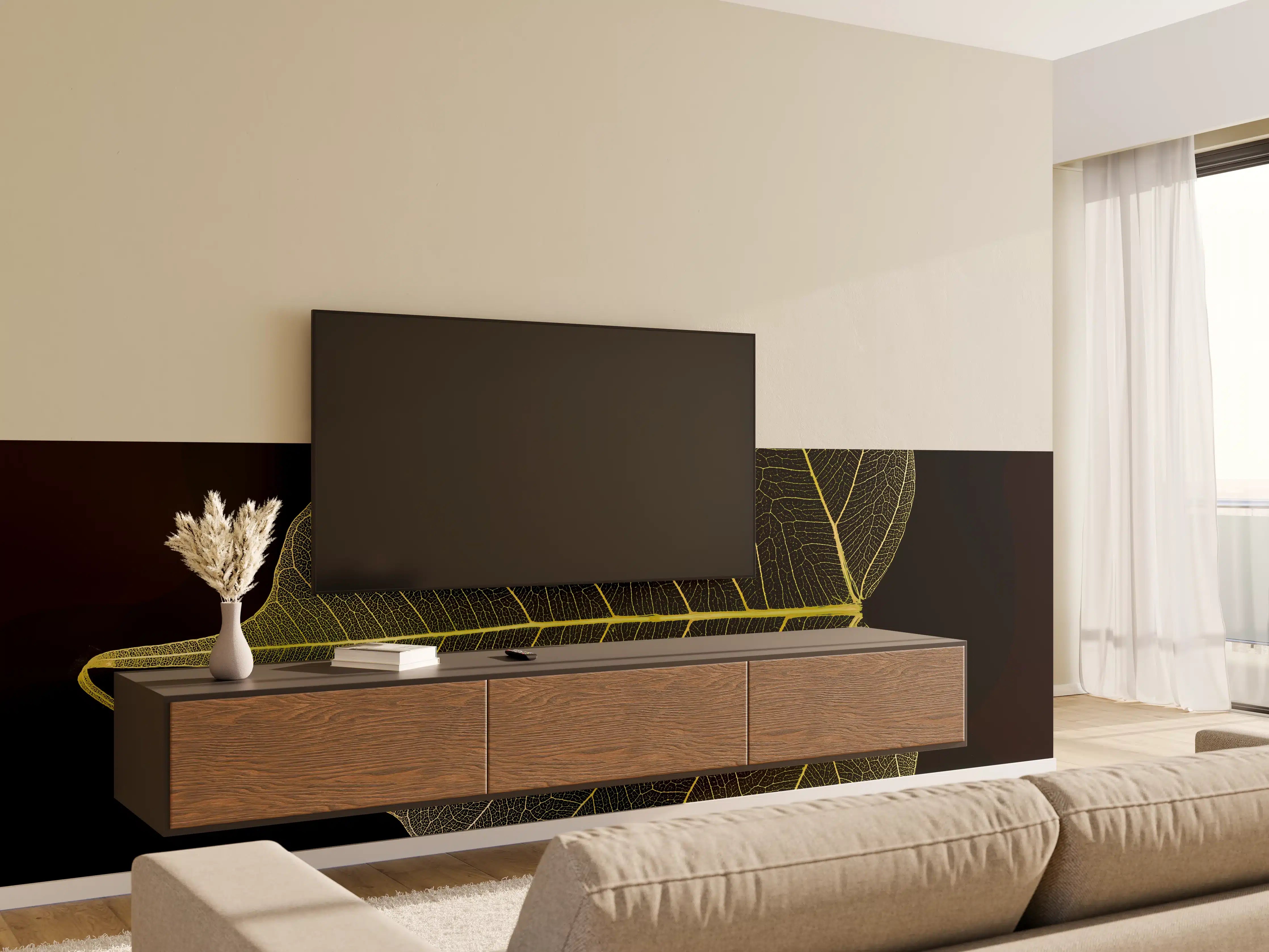 Wandverkleidung Wohnzimmer - Makrofotografie Blattstruktur Gelb