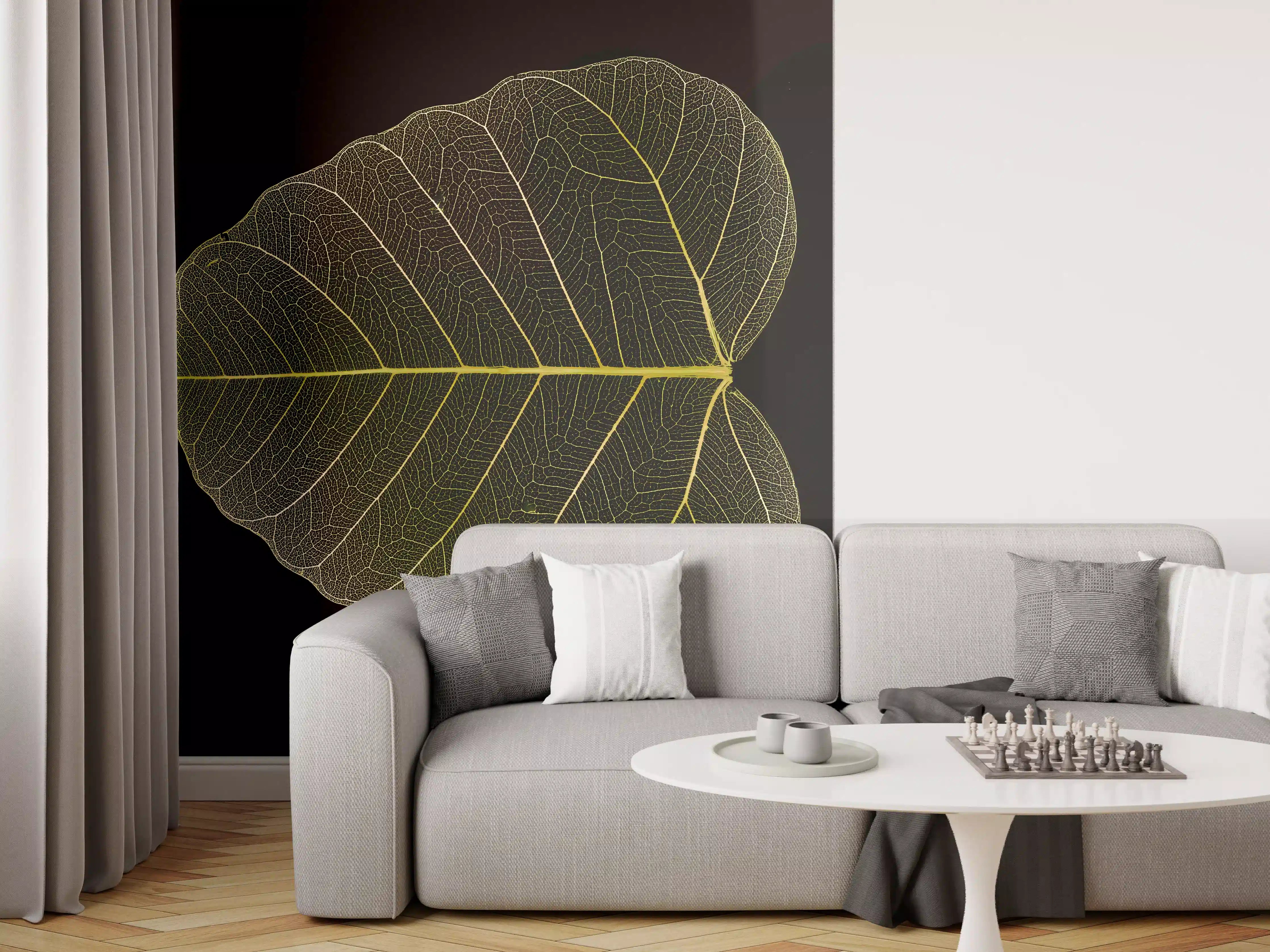 Wandverkleidung Wohnzimmer - Makrofotografie Blattstruktur Gelb