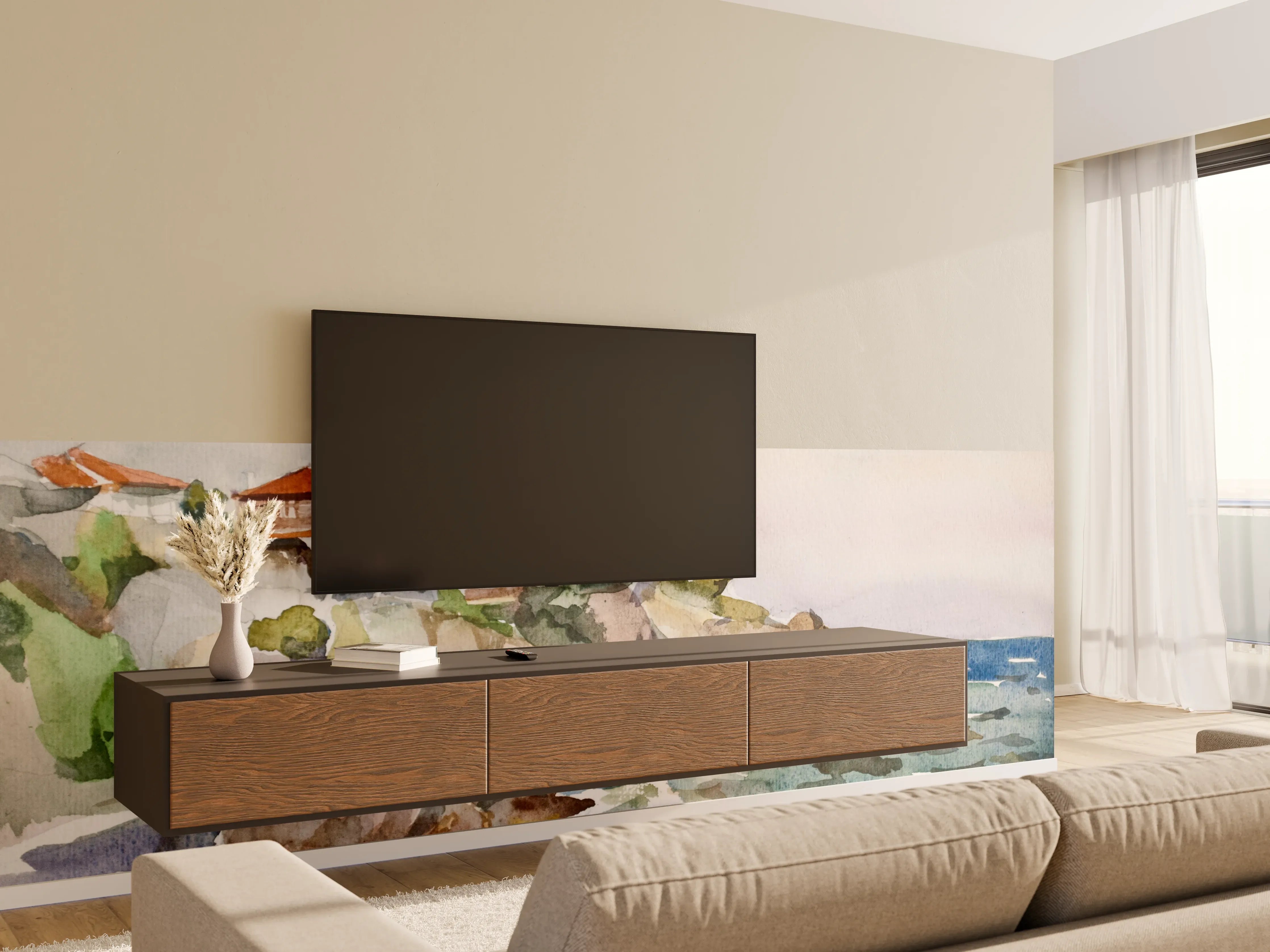 Wandverkleidung Wohnzimmer - Malerei einer Küstenlandschaft mit Häusern