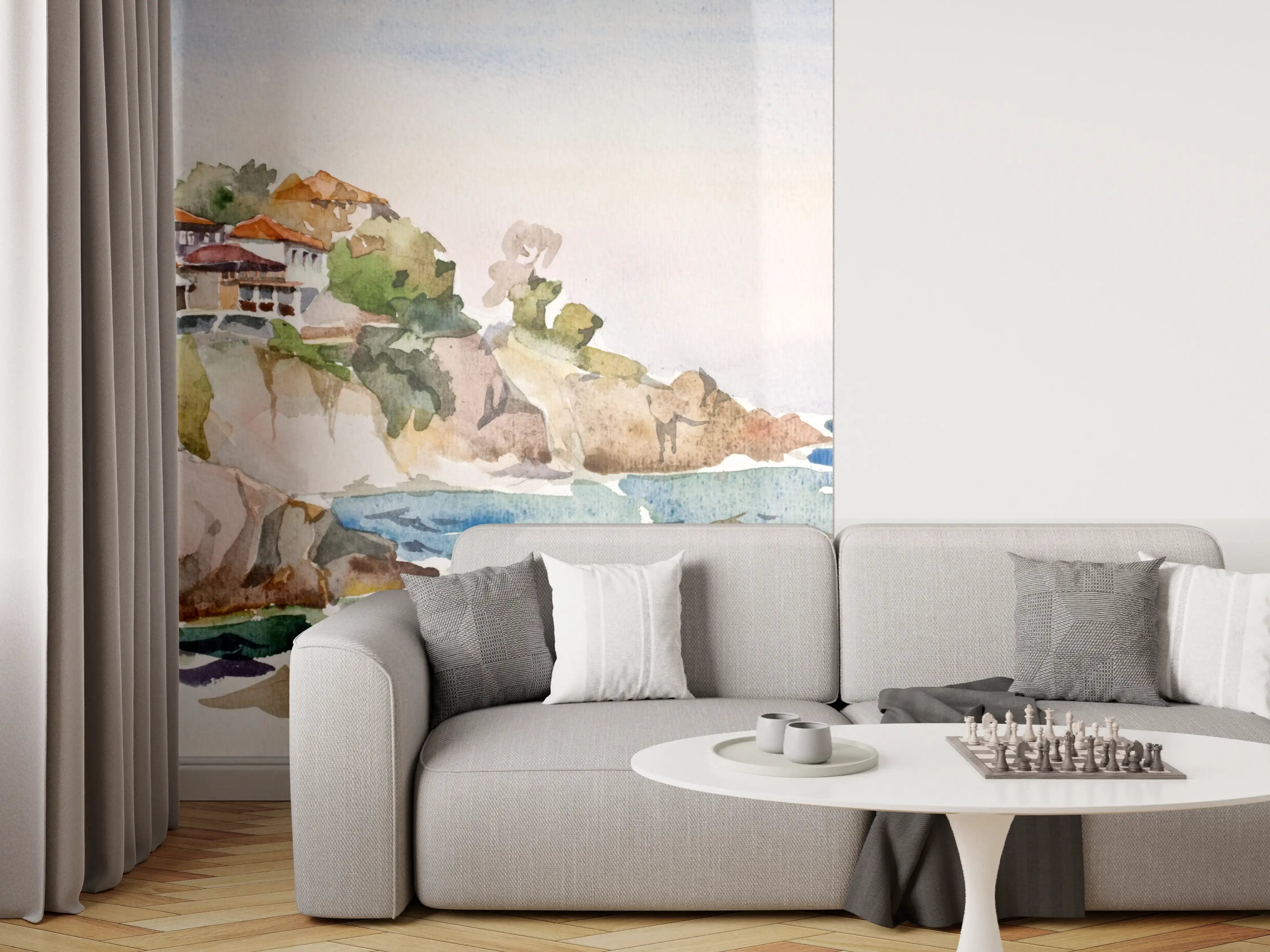 Wandverkleidung Wohnzimmer - Malerei einer Küstenlandschaft mit Häusern