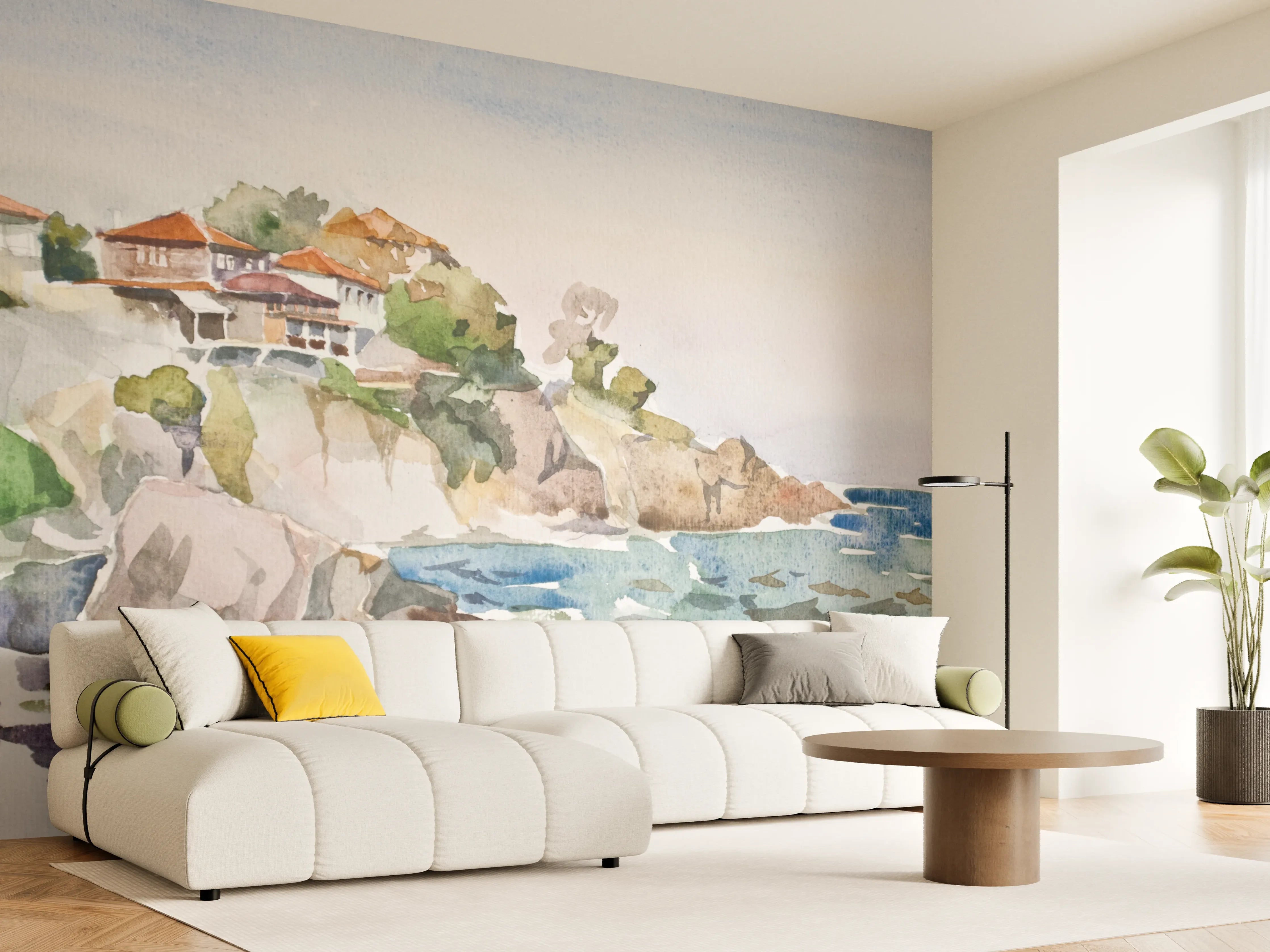Wandverkleidung Wohnzimmer - Malerei einer Küstenlandschaft mit Häusern