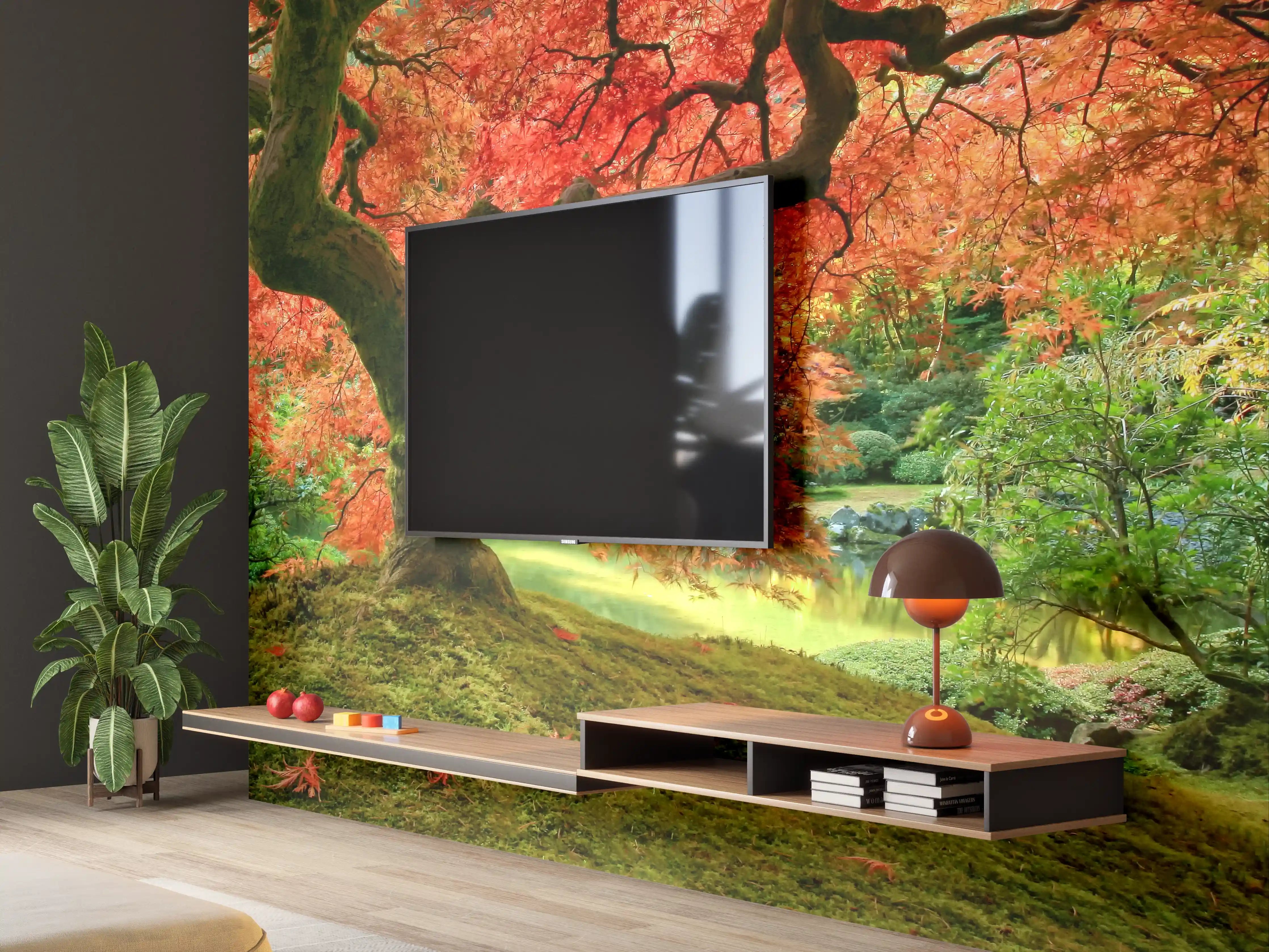 Wandverkleidung Wohnzimmer - Malerei eines Herbstwaldes mit lebendigen Farben