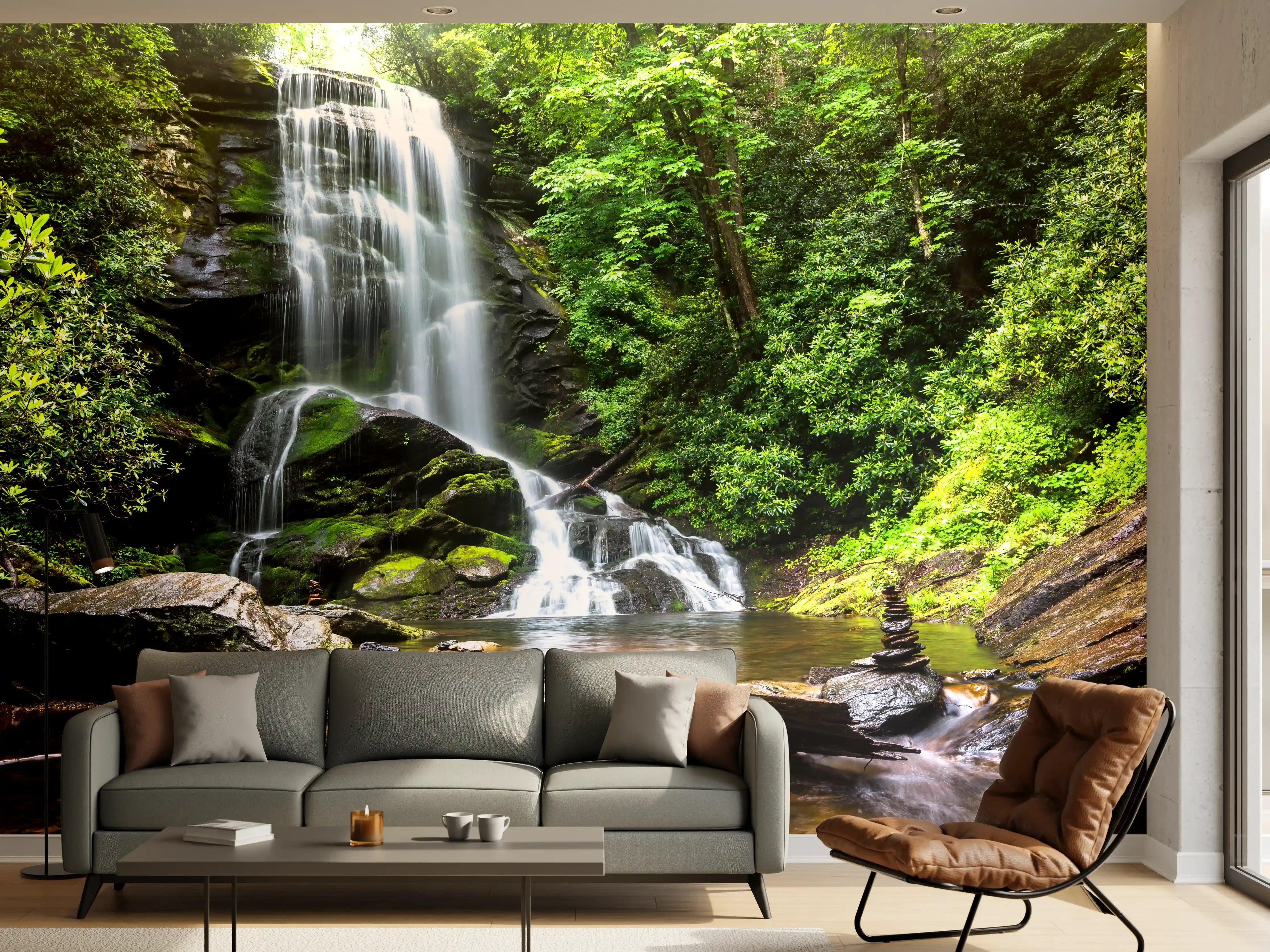 Wandverkleidung Wohnzimmer - Malerei eines Wasserfalls in grüner Natur
