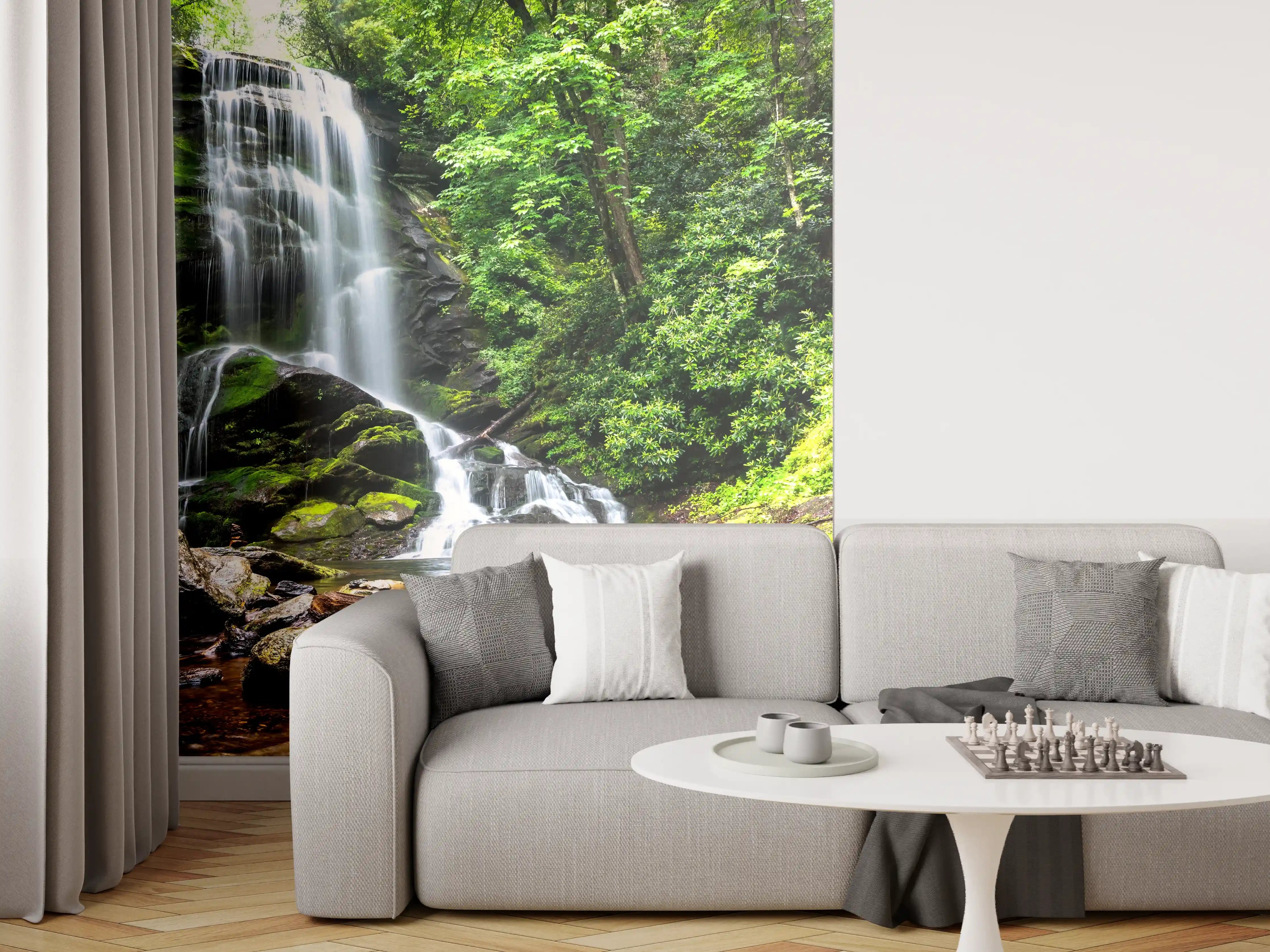 Wandverkleidung Wohnzimmer - Malerei eines Wasserfalls in grüner Natur