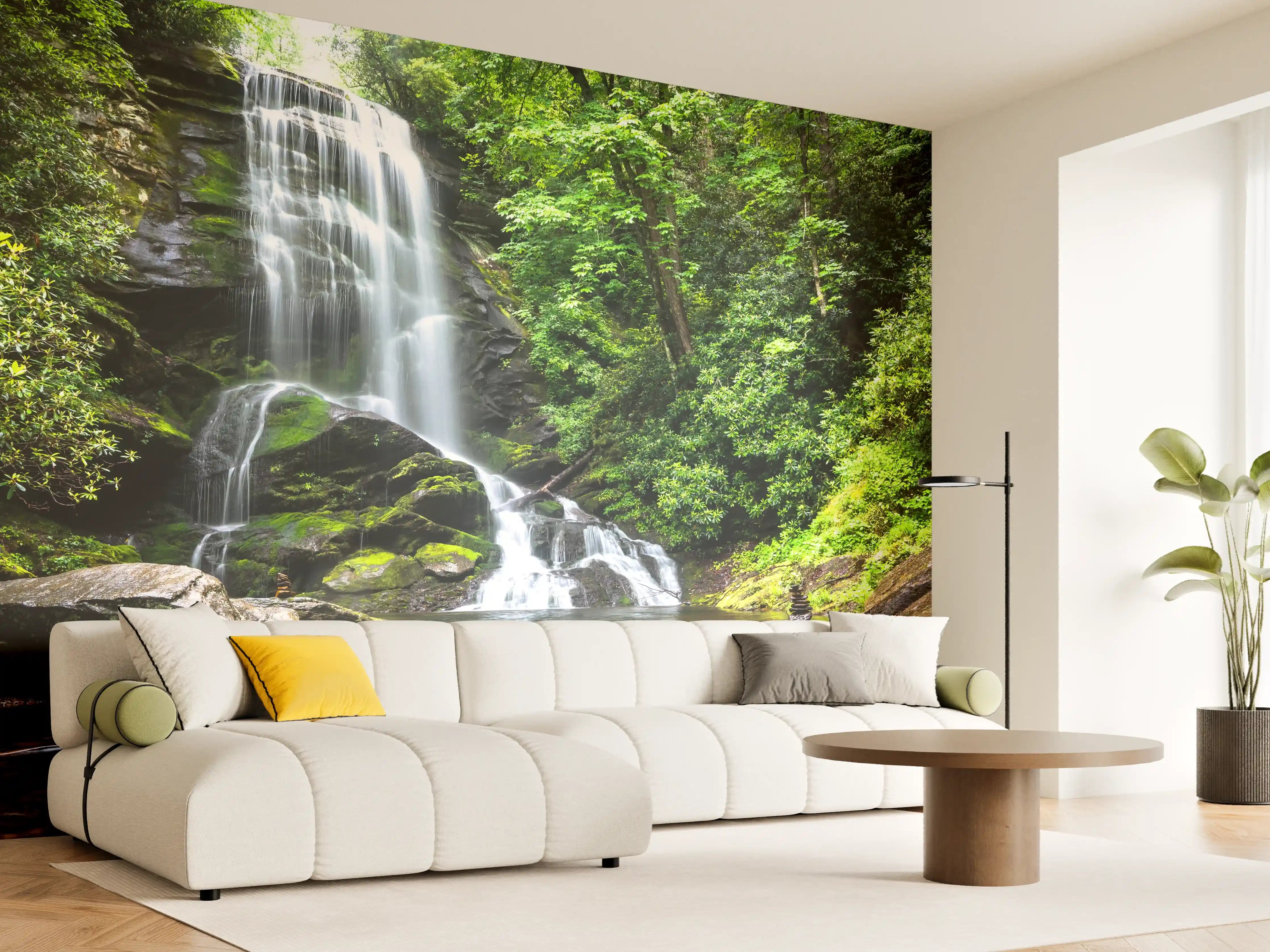 Wandverkleidung Wohnzimmer - Malerei eines Wasserfalls in grüner Natur