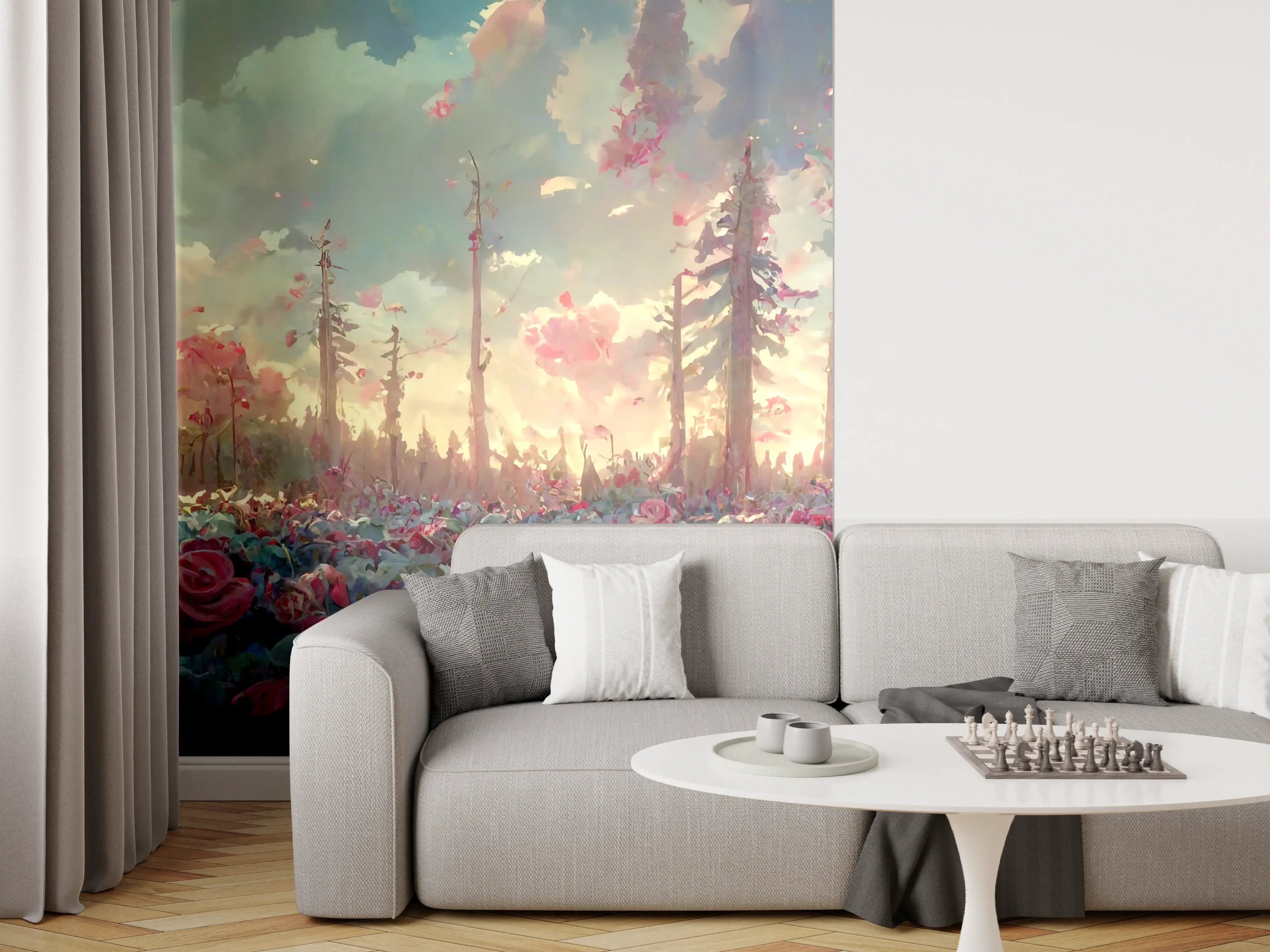 Wandverkleidung Wohnzimmer - Malerei eines magischen Rosenwaldes bei Sonnenuntergang