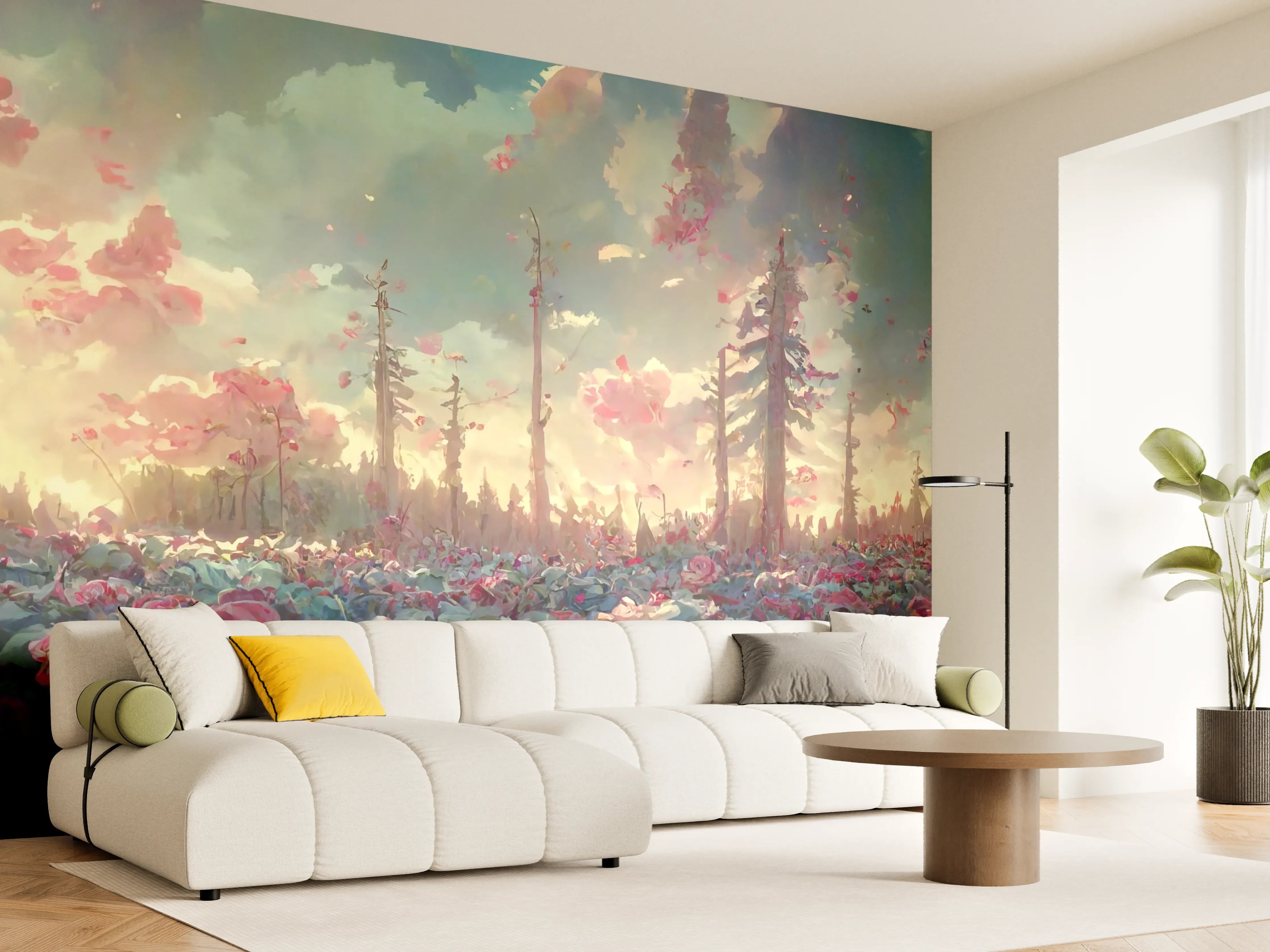 Wandverkleidung Wohnzimmer - Malerei eines magischen Rosenwaldes bei Sonnenuntergang
