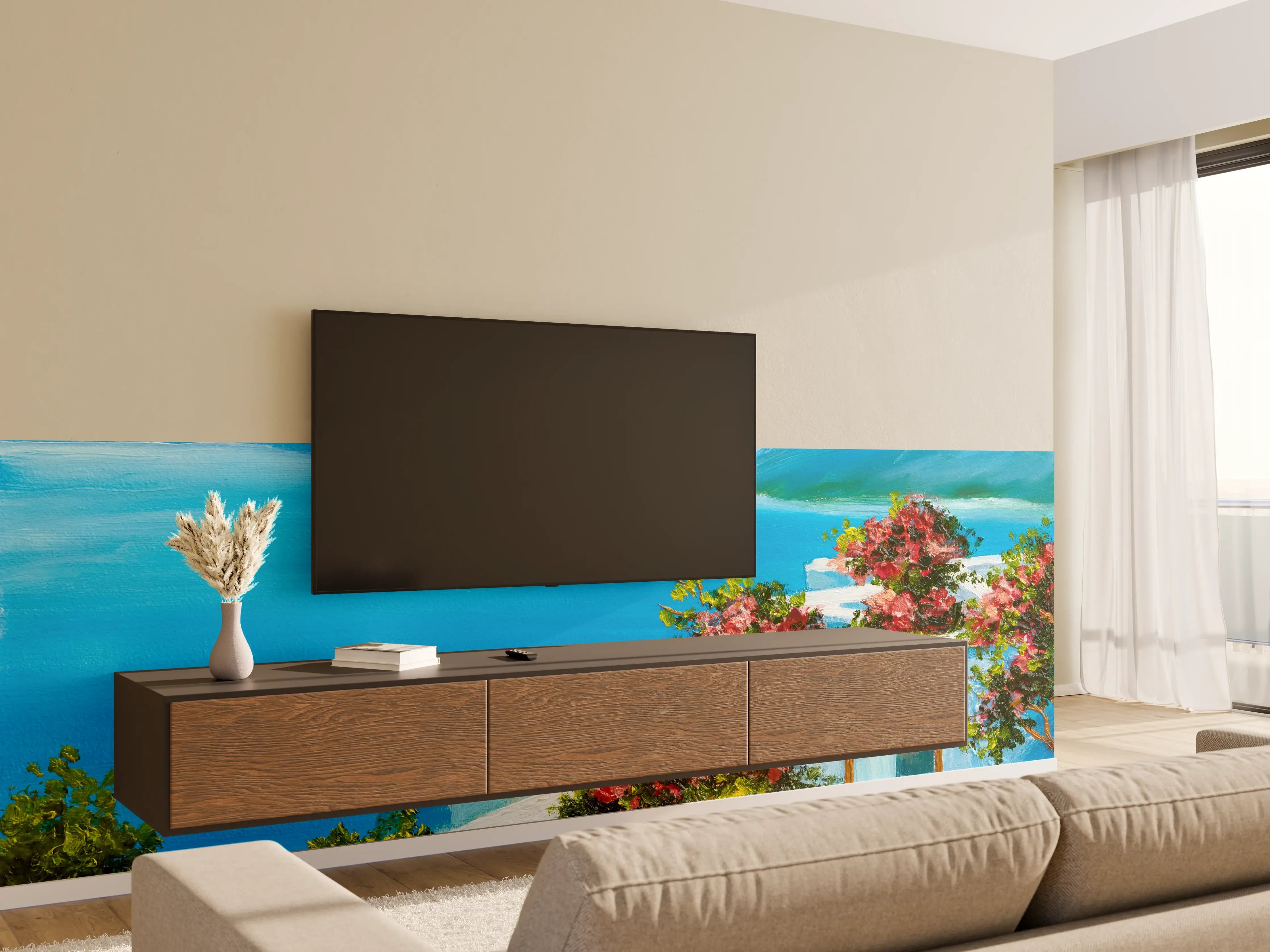 Wandverkleidung Wohnzimmer - Malerei eines mediterranen Landschaftsbildes mit blauer See und blühenden Pflanzen
