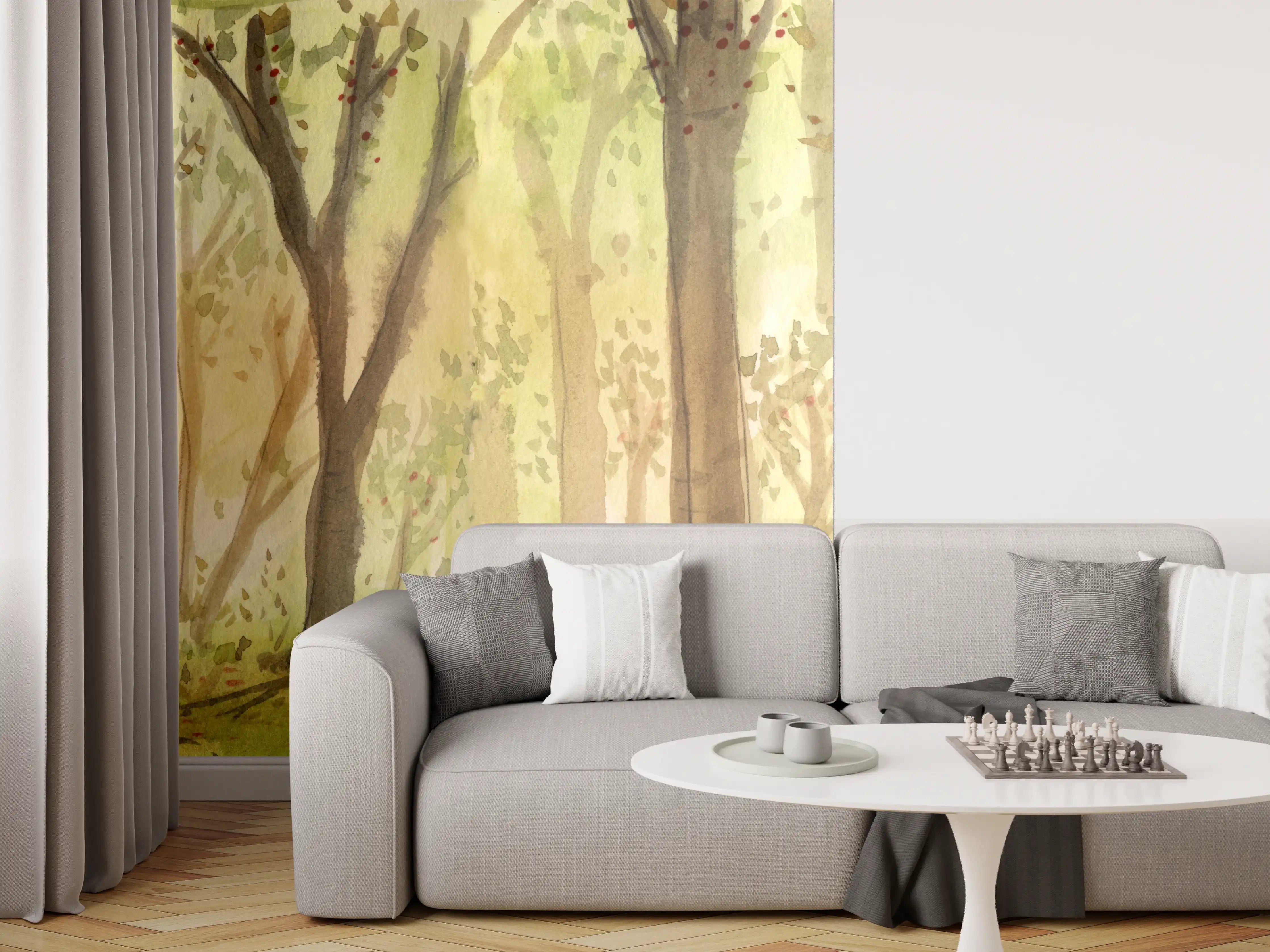 Wandverkleidung Wohnzimmer - Malerei eines stillen Waldes