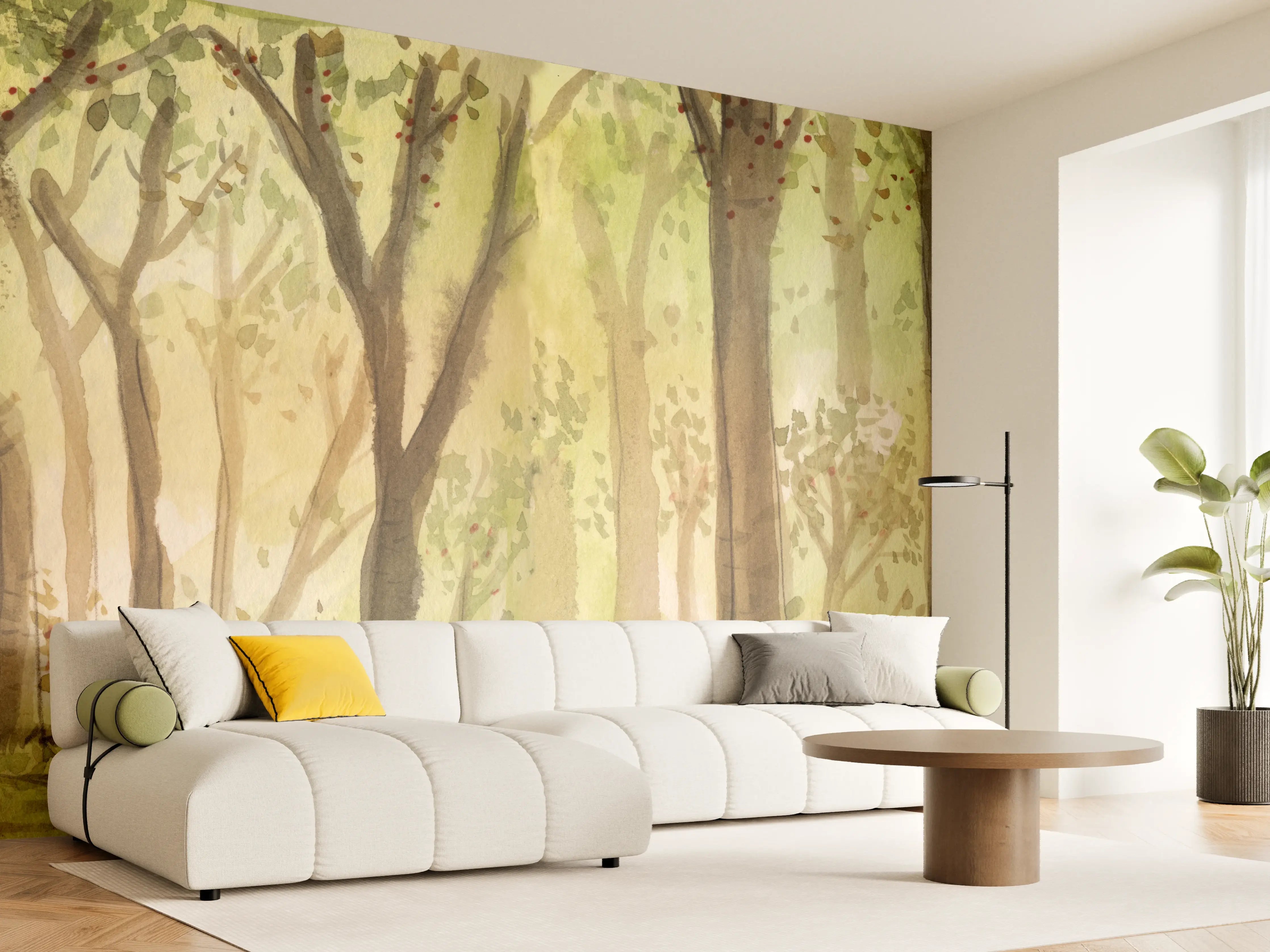 Wandverkleidung Wohnzimmer - Malerei eines stillen Waldes