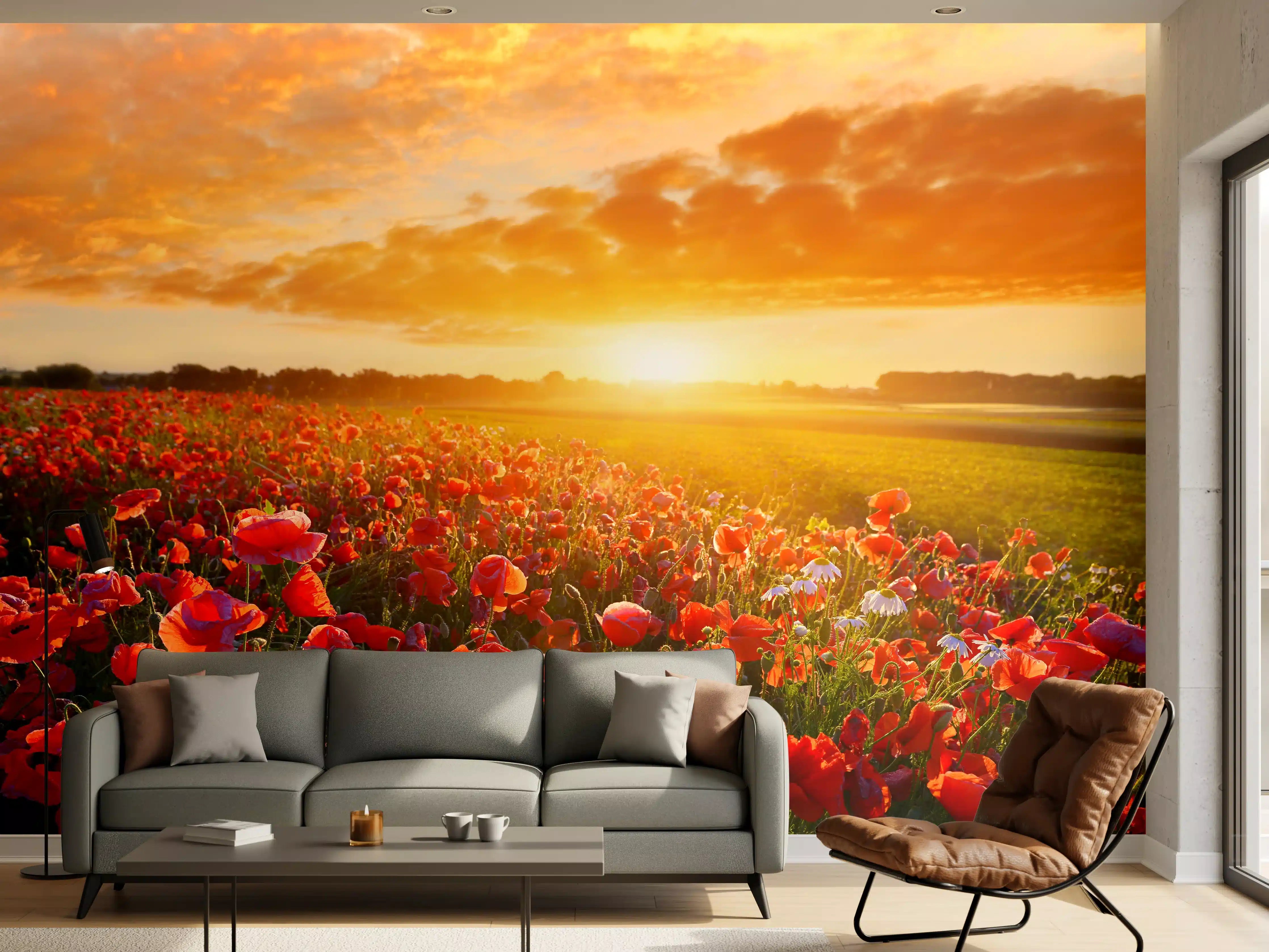 Wandverkleidung Wohnzimmer - Malerein: Sonnenuntergang über Mohnfeld