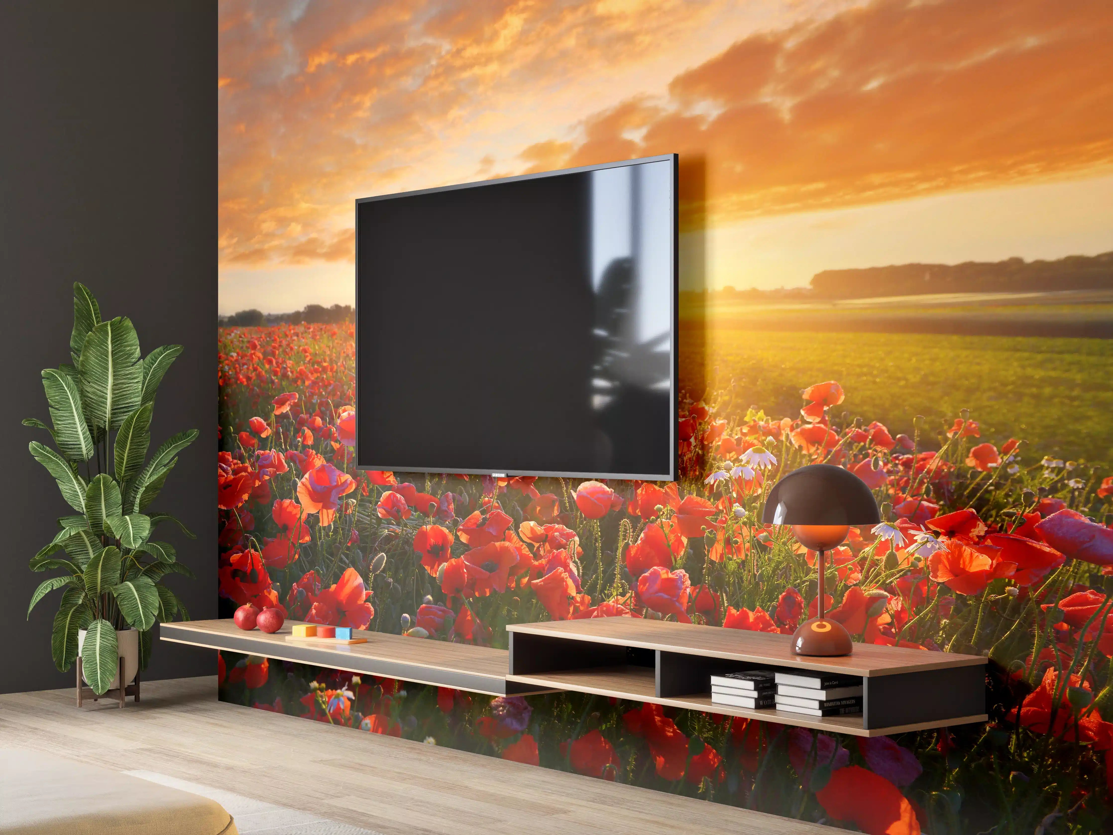 Wandverkleidung Wohnzimmer - Malerein: Sonnenuntergang über Mohnfeld