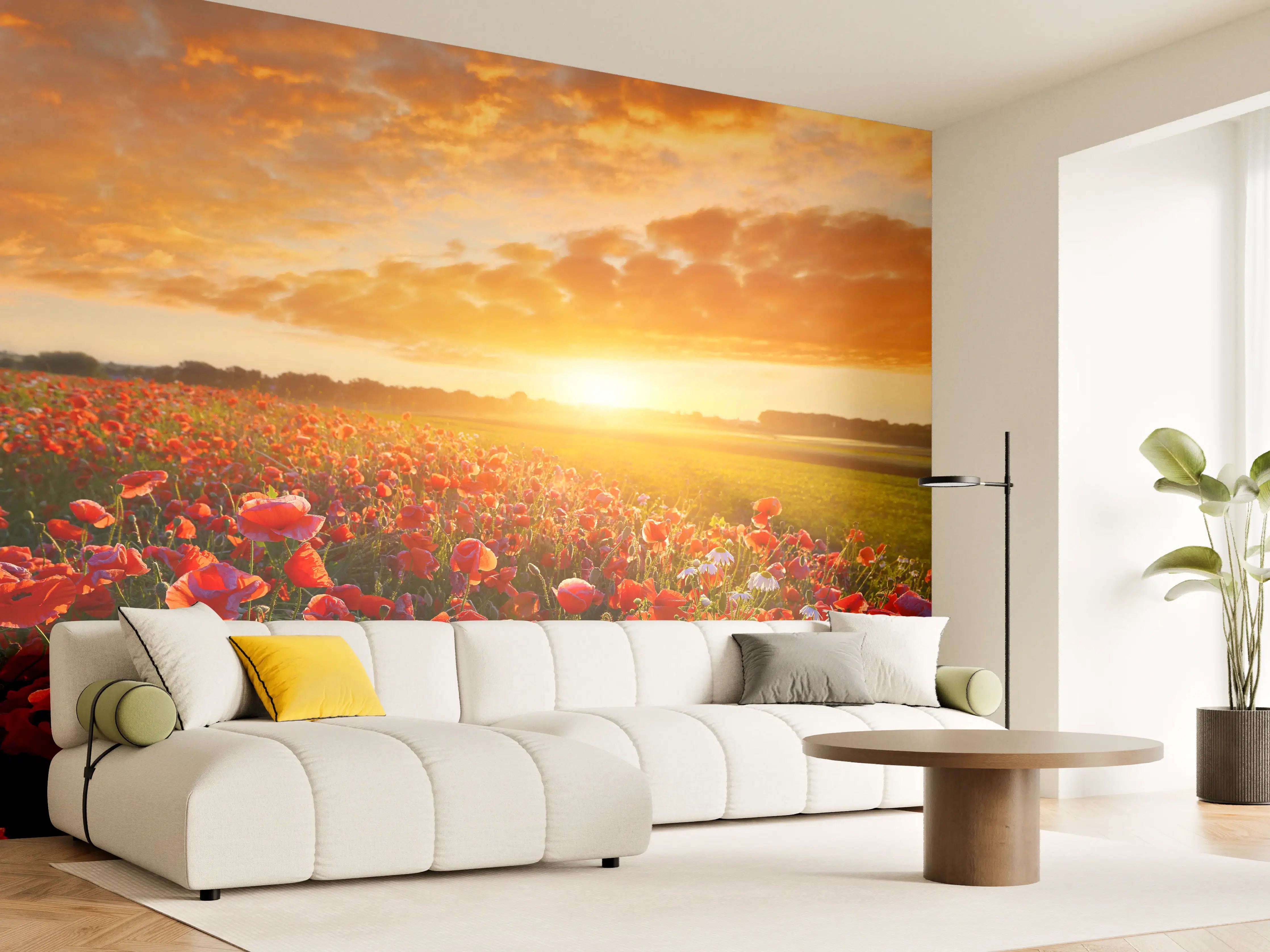 Wandverkleidung Wohnzimmer - Malerein: Sonnenuntergang über Mohnfeld