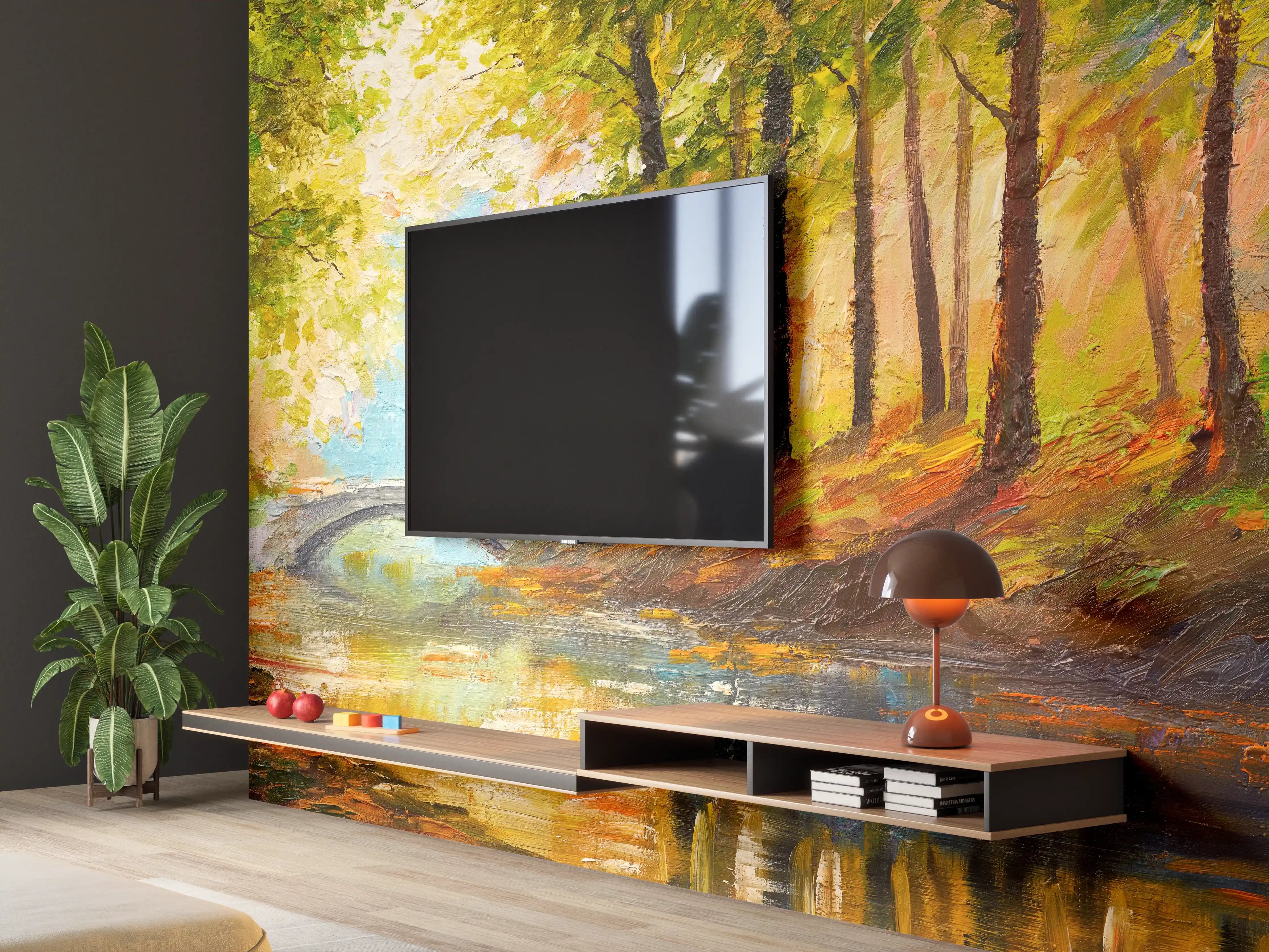 Wandverkleidung Wohnzimmer - Malereisches Herbstbild mit Fluss und Brücke