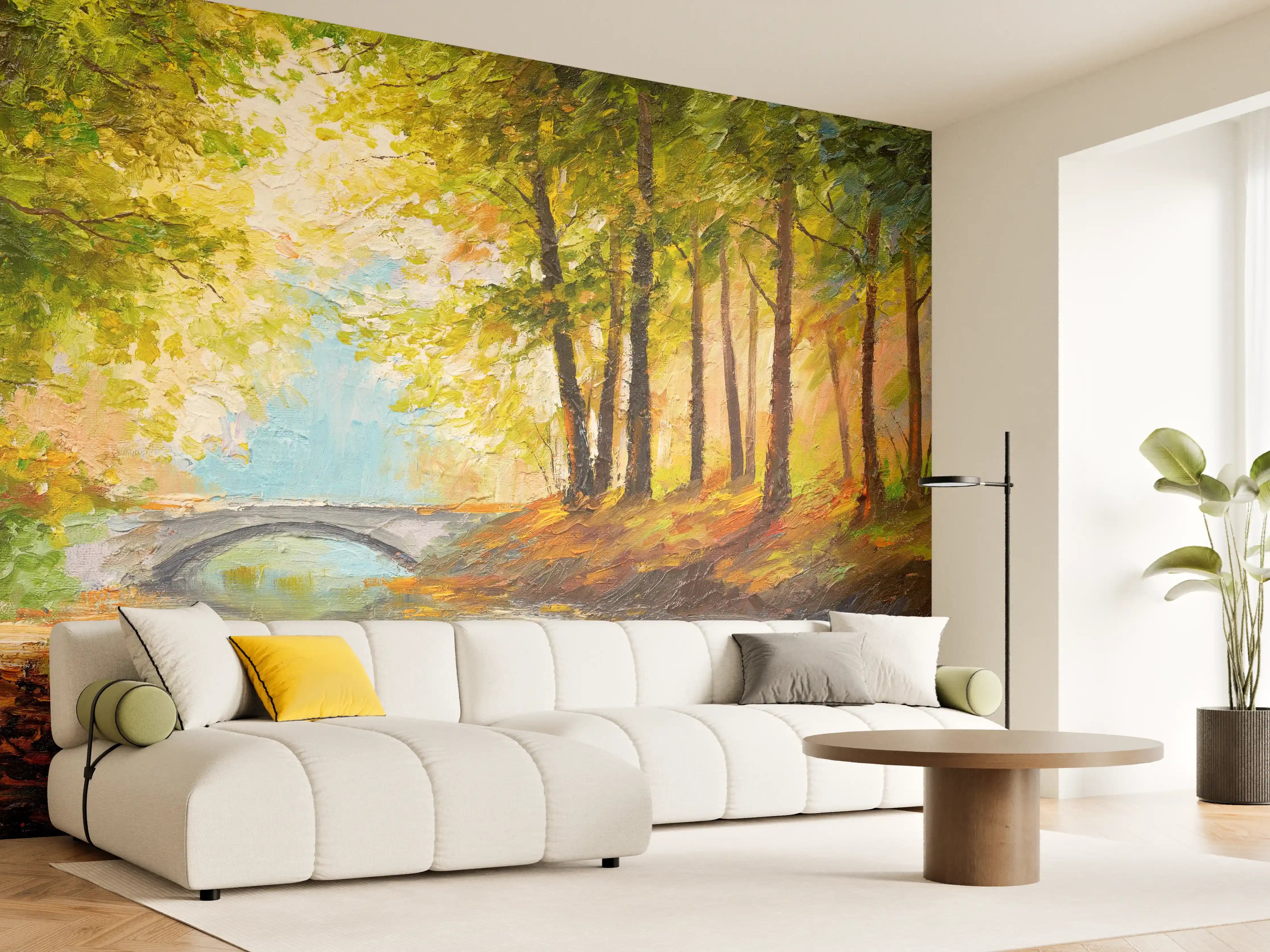 Wandverkleidung Wohnzimmer - Malereisches Herbstbild mit Fluss und Brücke