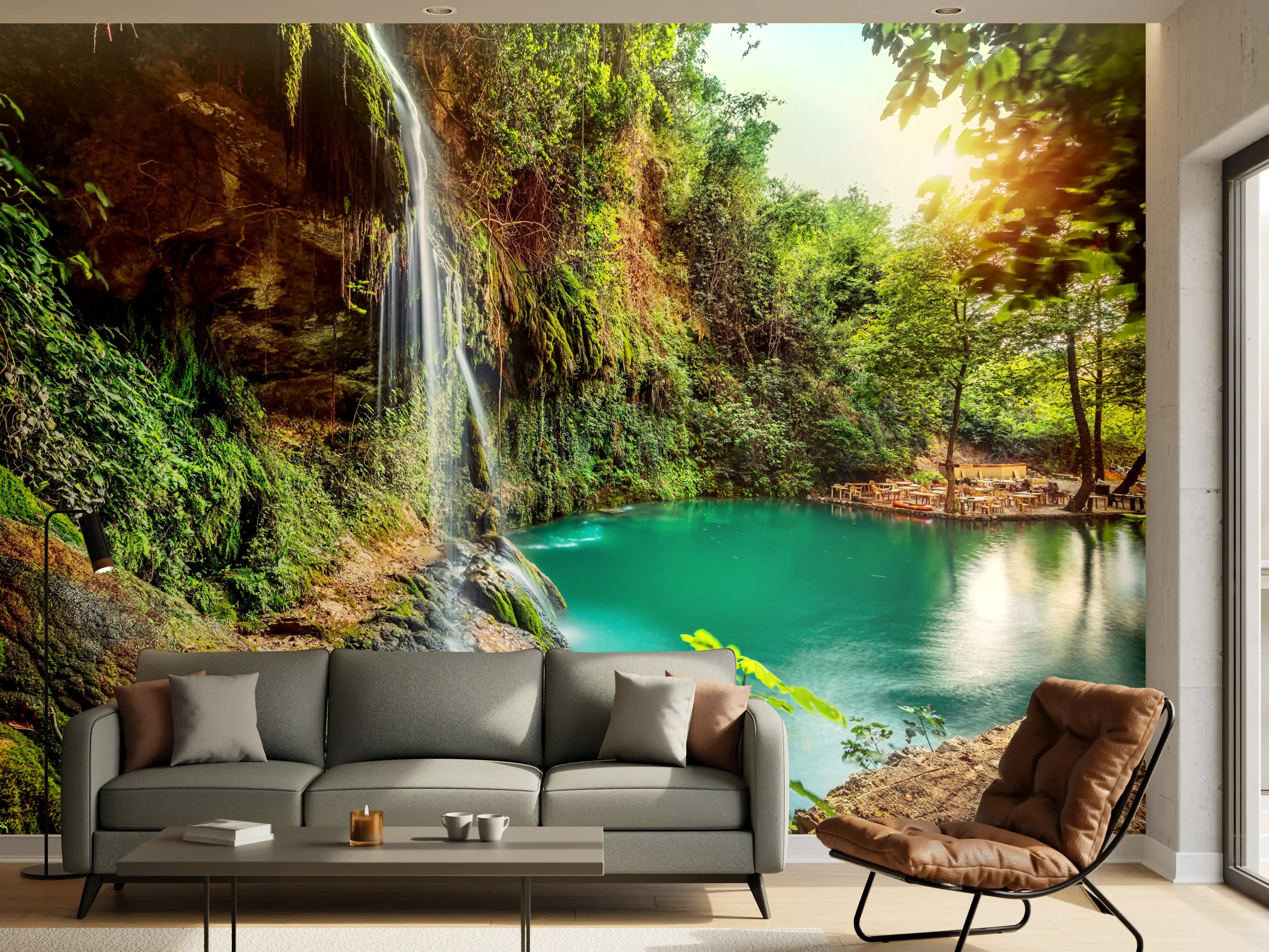 Wandverkleidung Wohnzimmer - Malereischöne Wasserfall-Landschaft