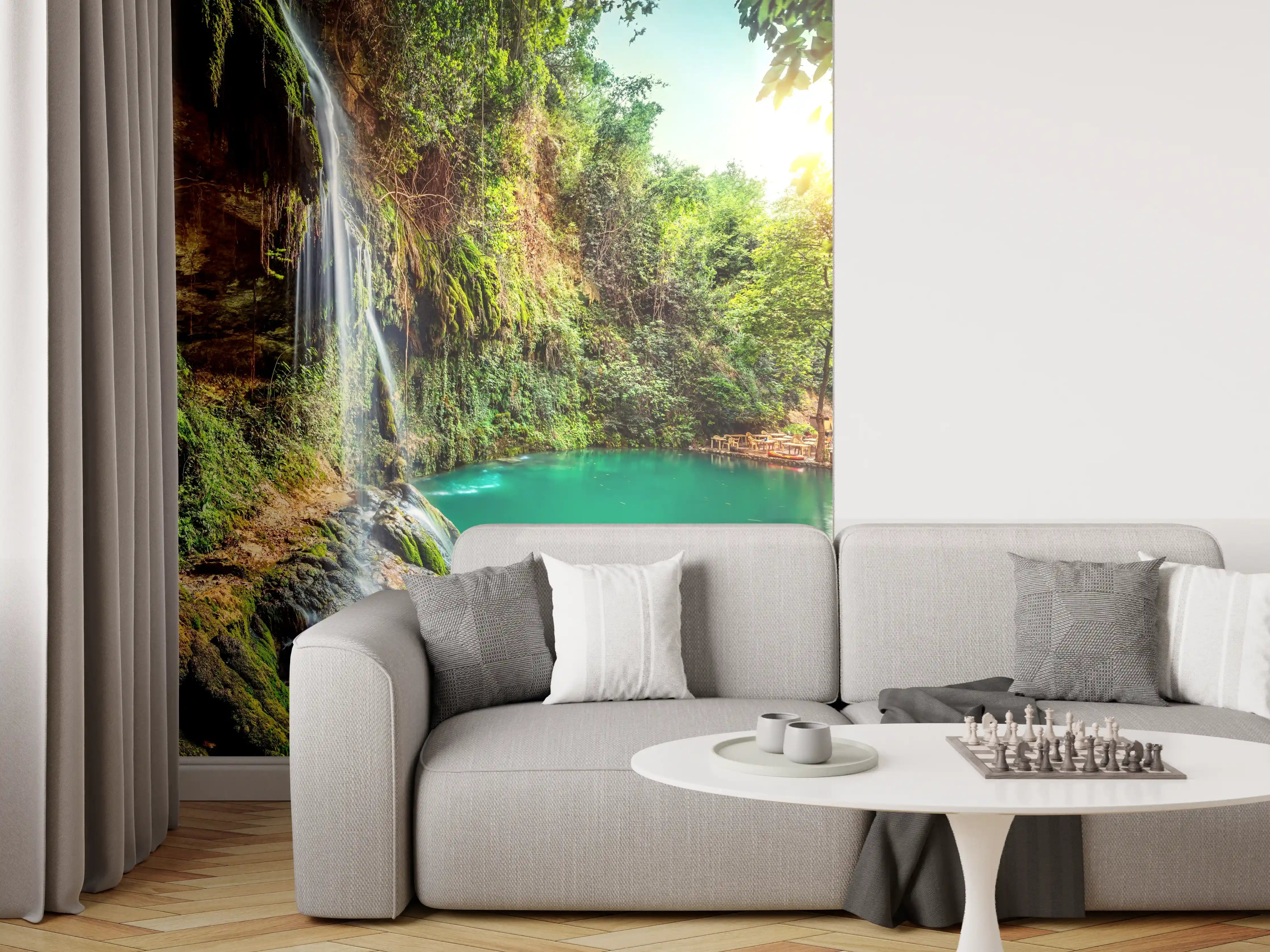 Wandverkleidung Wohnzimmer - Malereischöne Wasserfall-Landschaft