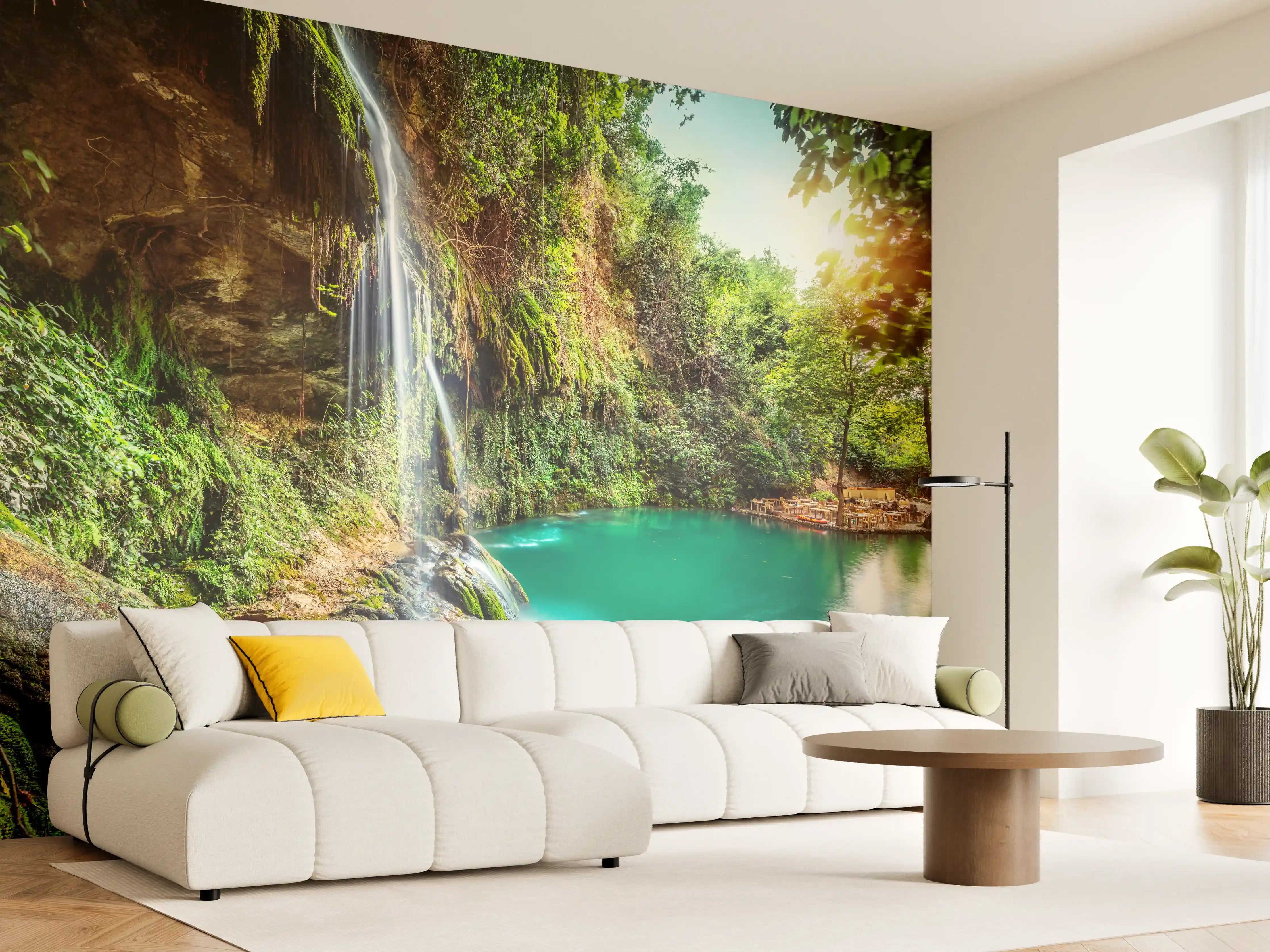 Wandverkleidung Wohnzimmer - Malereischöne Wasserfall-Landschaft