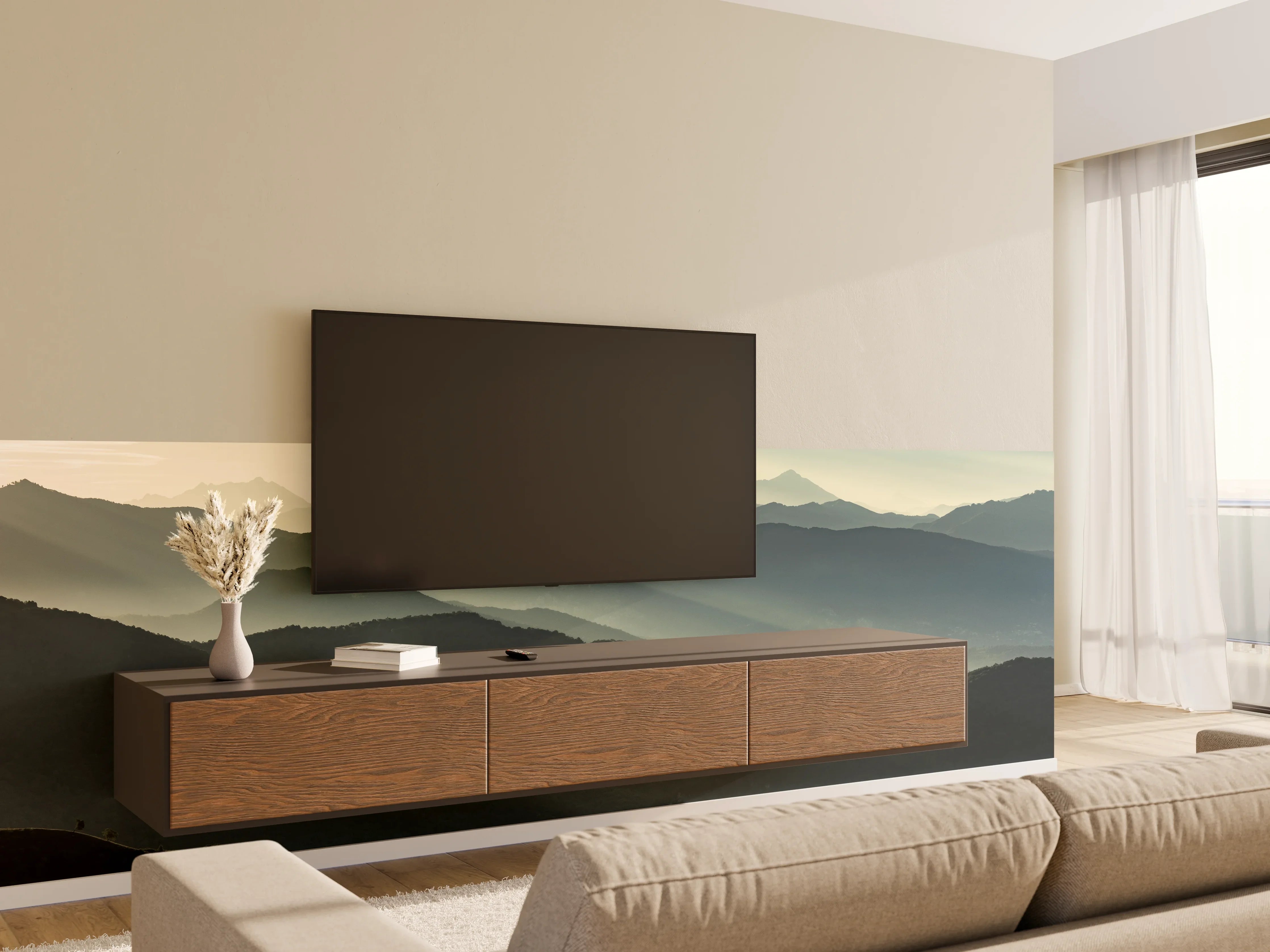 Wandverkleidung Wohnzimmer - Malerische Berglandschaft im Sonnenlicht