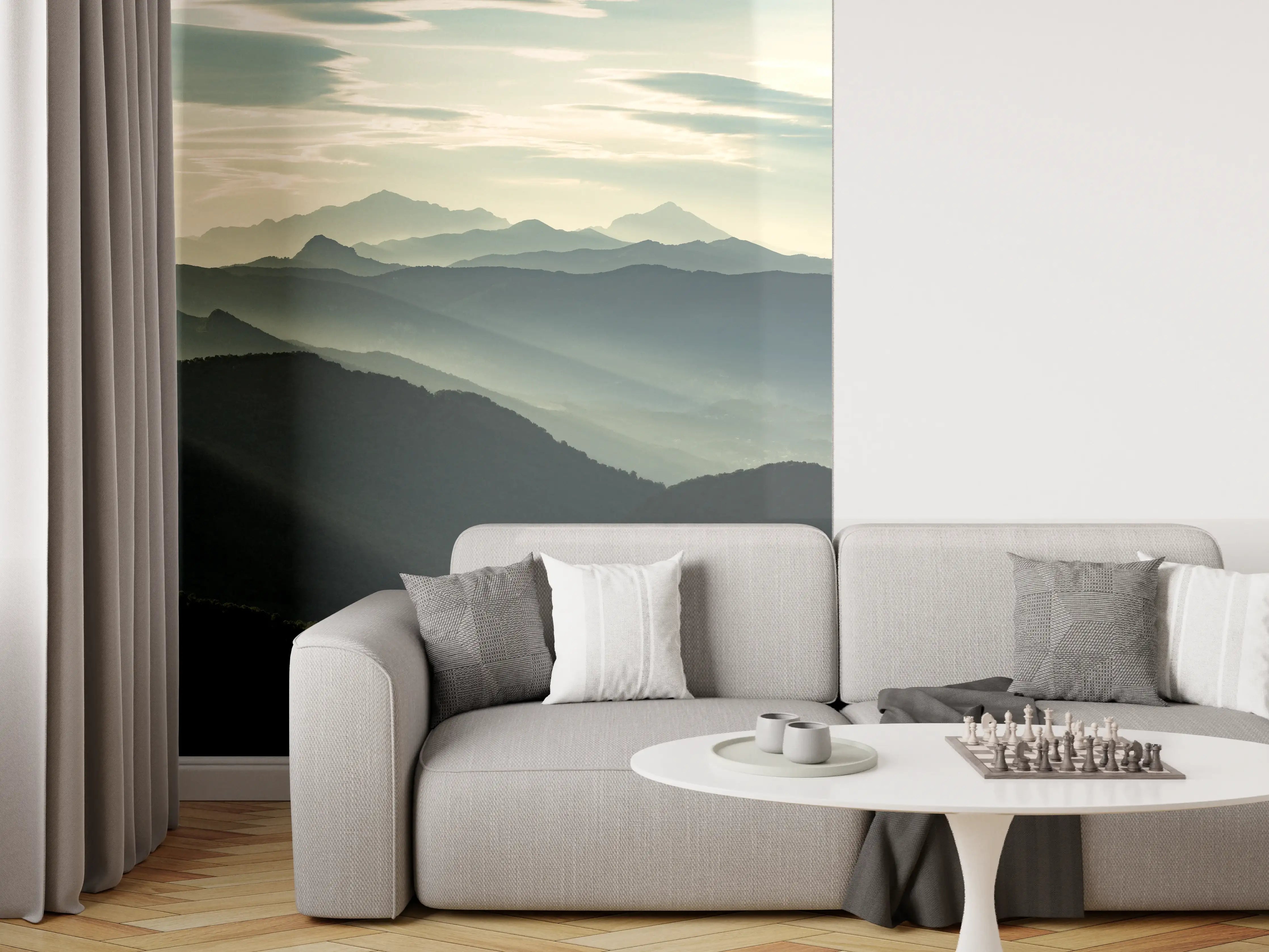 Wandverkleidung Wohnzimmer - Malerische Berglandschaft im Sonnenlicht