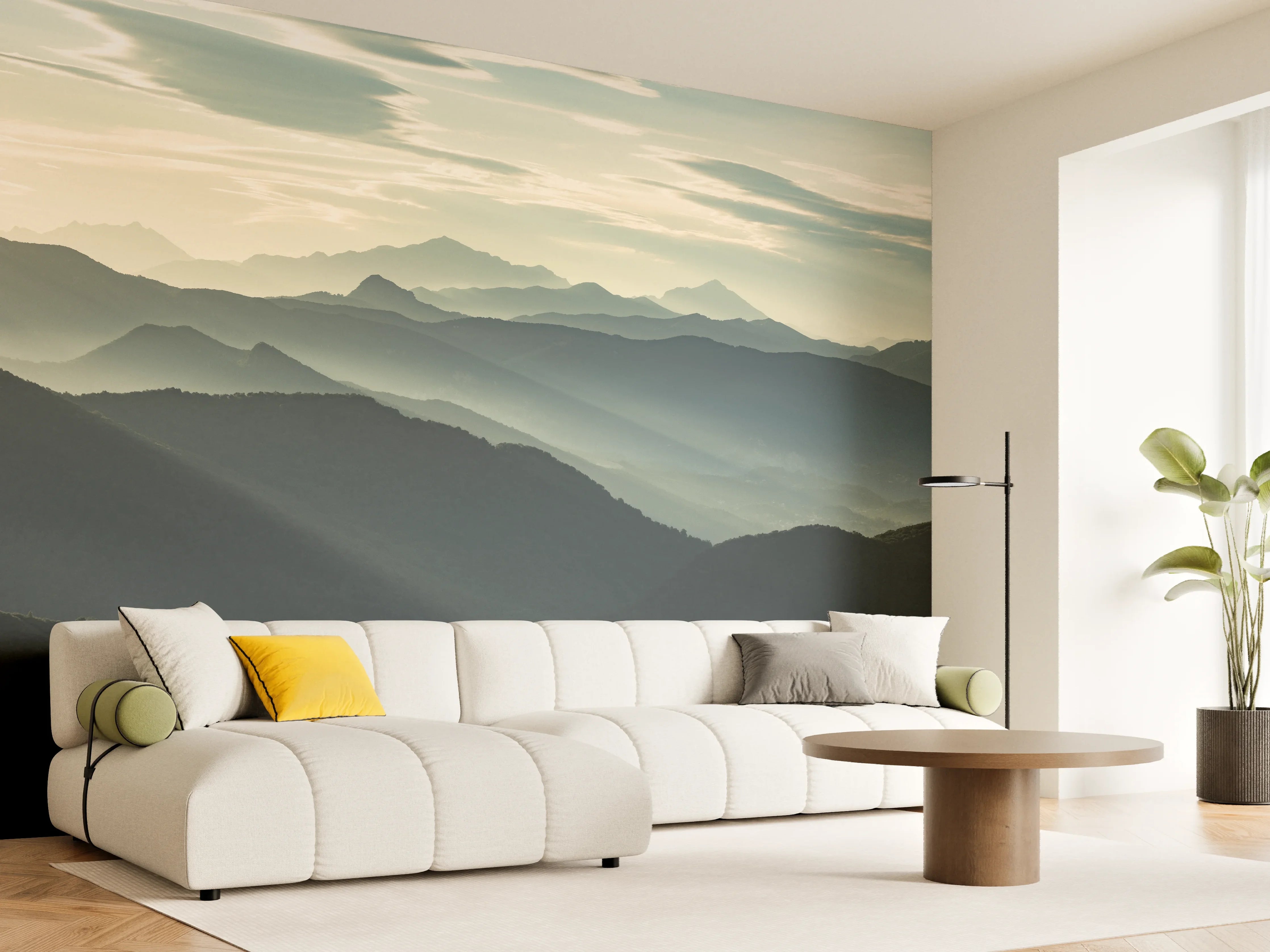 Wandverkleidung Wohnzimmer - Malerische Berglandschaft im Sonnenlicht