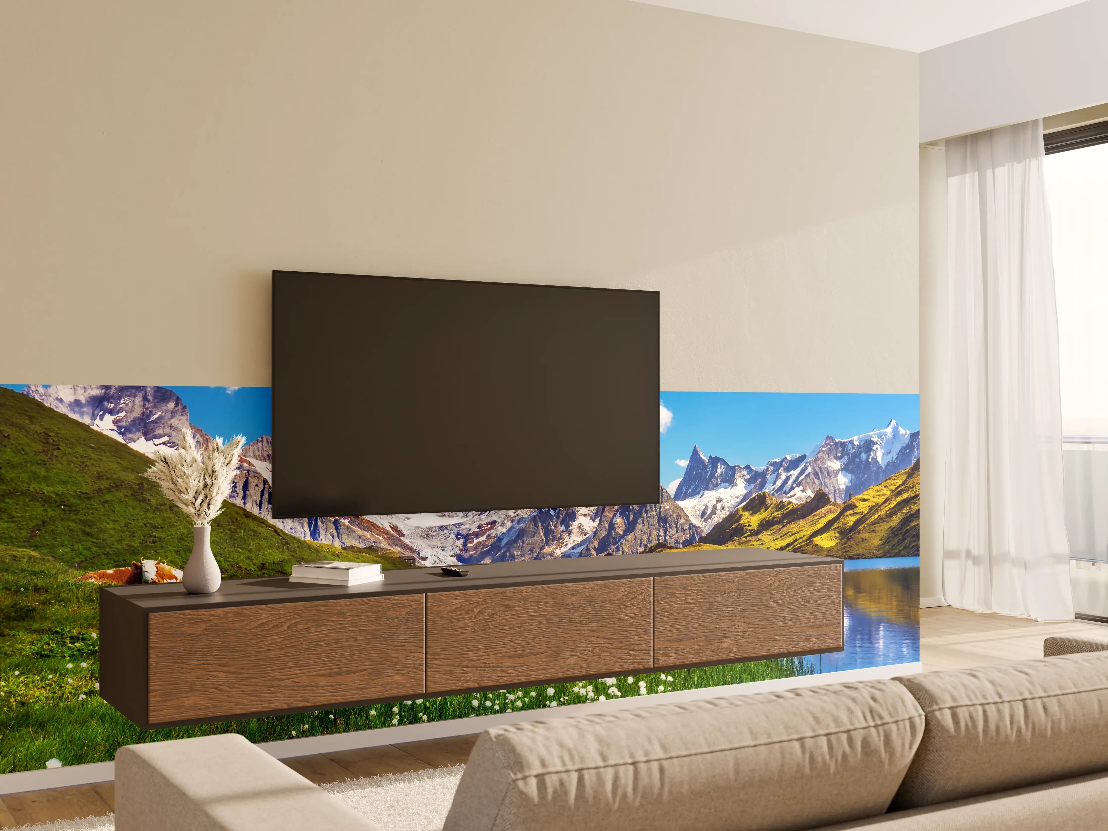 Wandverkleidung Wohnzimmer - Malerische Berglandschaft mit See und Blumen