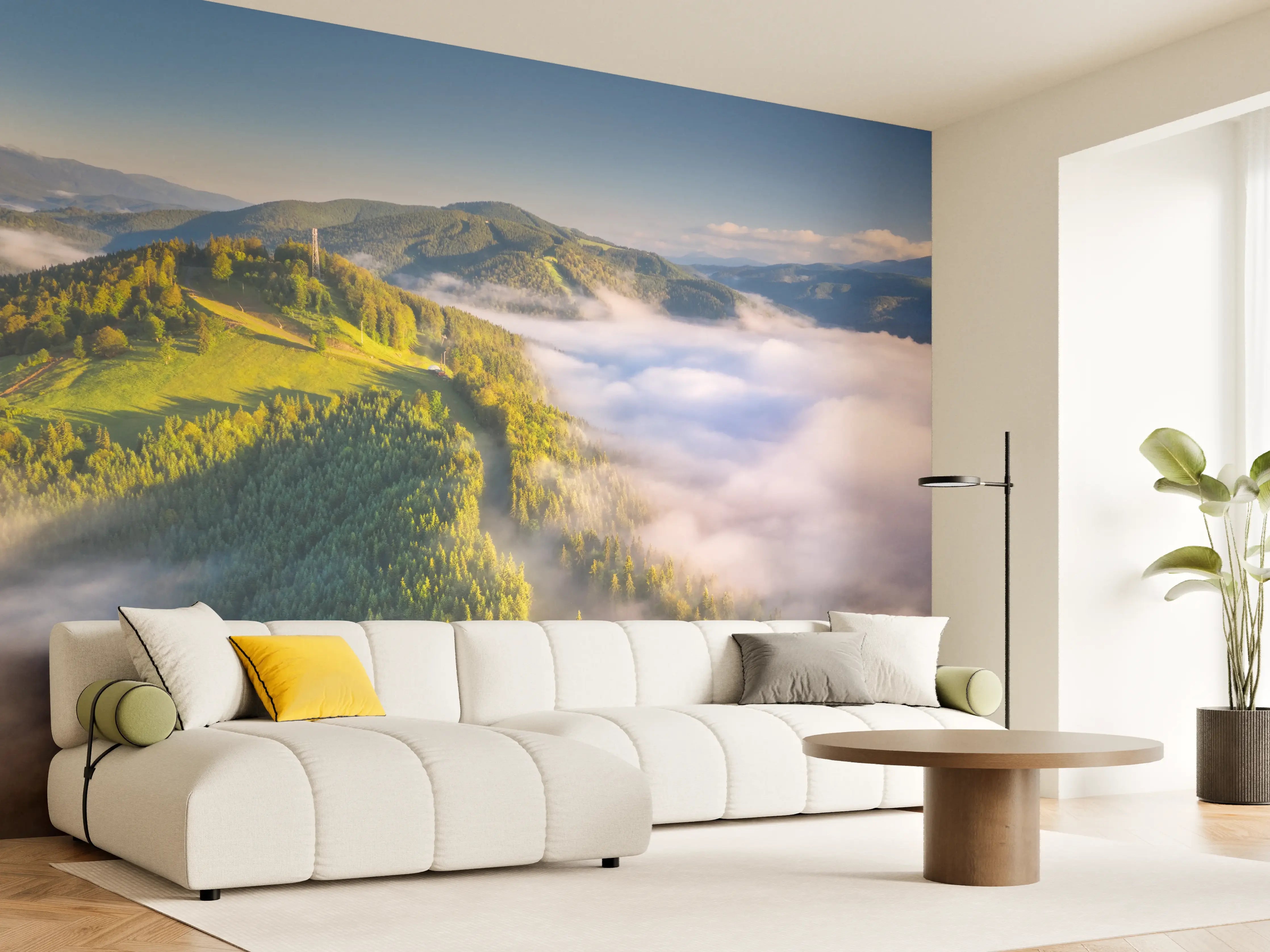 Wandverkleidung Wohnzimmer - Malerische Berglandschaft mit Wolkenmeer