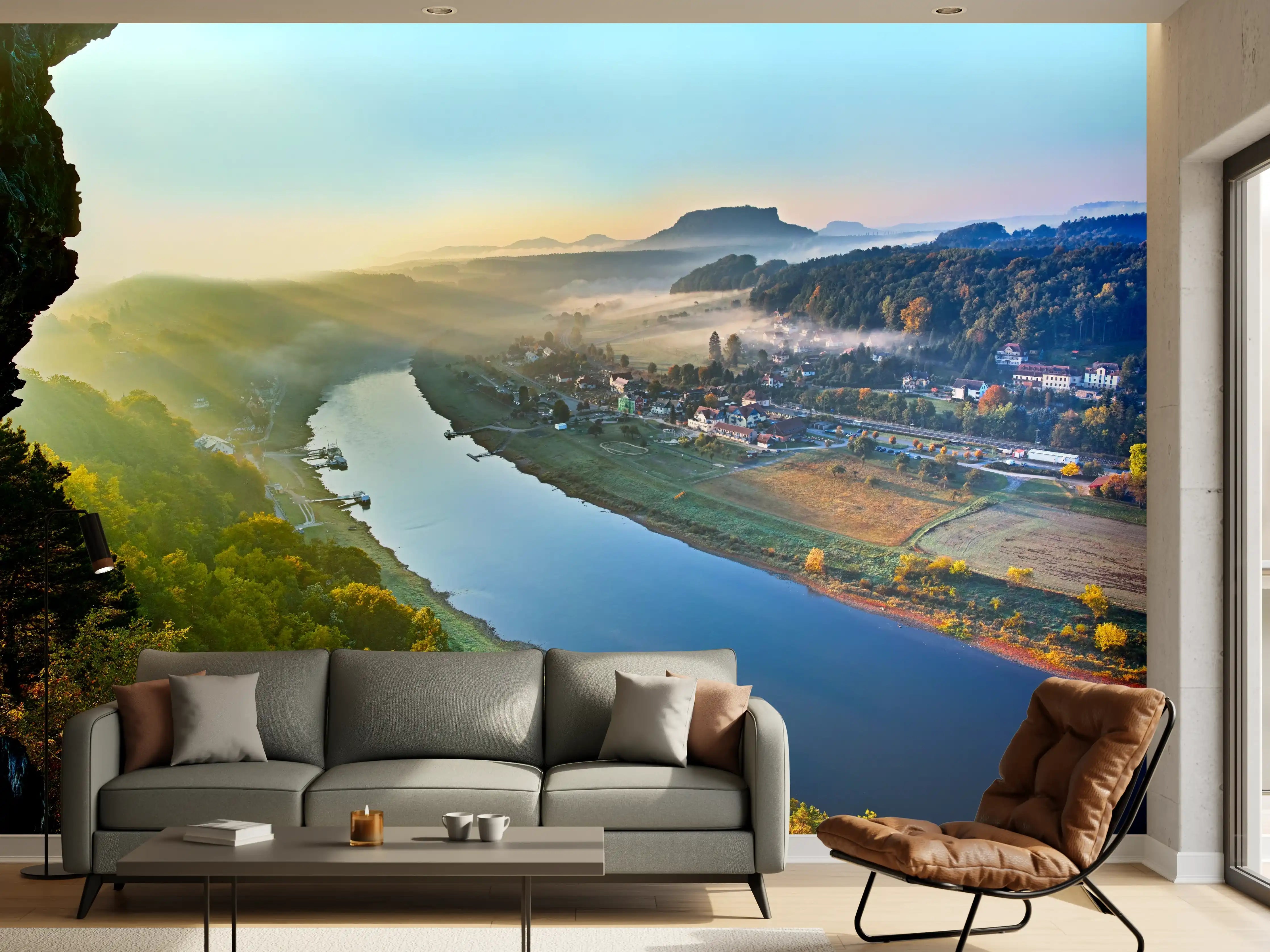Wandverkleidung Wohnzimmer - Malerische Flusslandschaft bei Sonnenaufgang